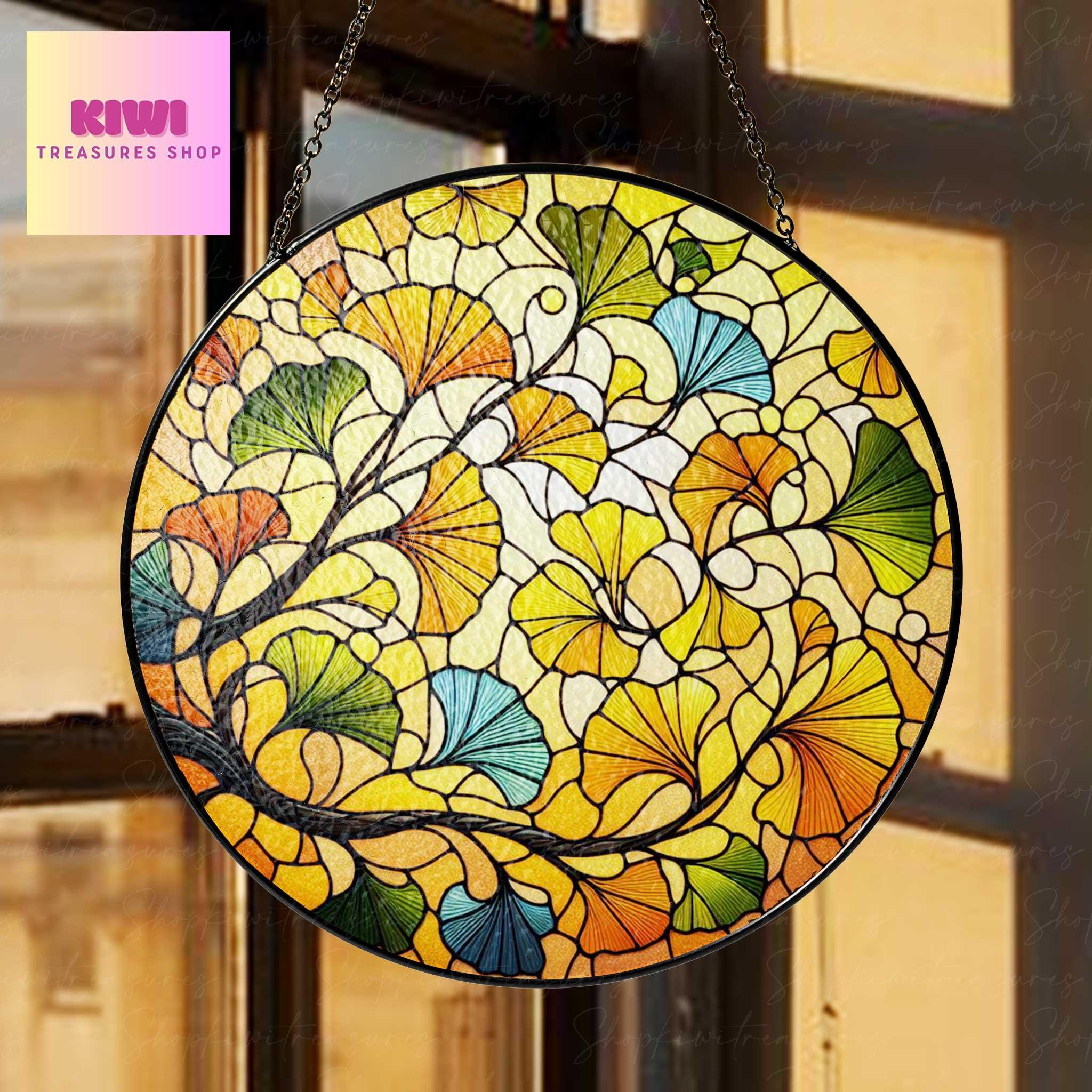 Ginkgo Leaf suncatcher Glass window hanging Art Ginkgo Leaf Glass Window Decor Garden decor Gift for Plant Lover, Yellow Ginkgo  Suncatcher