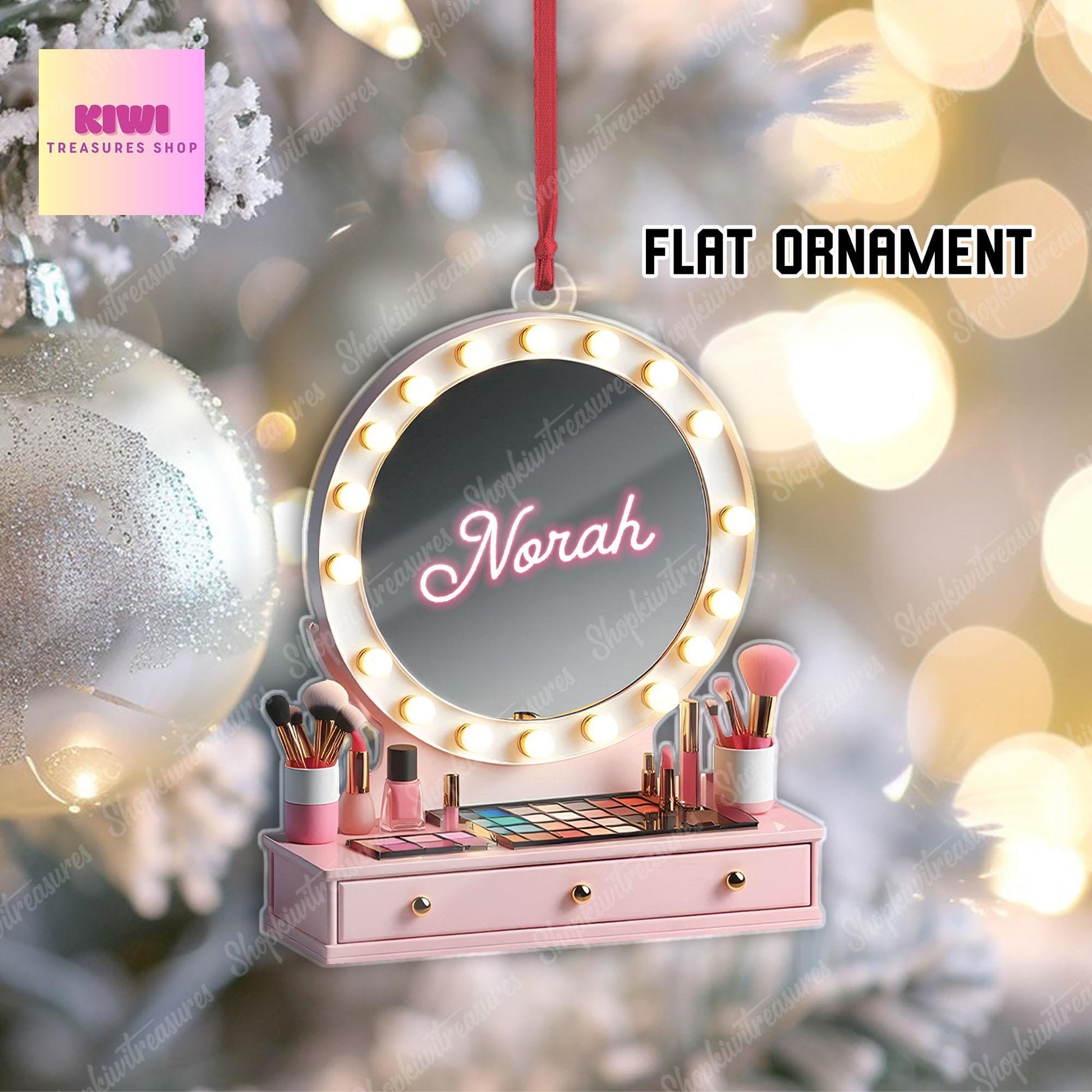 Personalized  Makeup mirror Ornament, 2D FLAT Makeup Artist gift, Salon Ornament, Makeup Artist Christmas Gift, Teen Girl Ornament