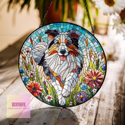Australian Shepherd wildflowers GLASS Suncatcher Hanging, Australian Shepherd wildflower, shepherd dog suncatcher hanging