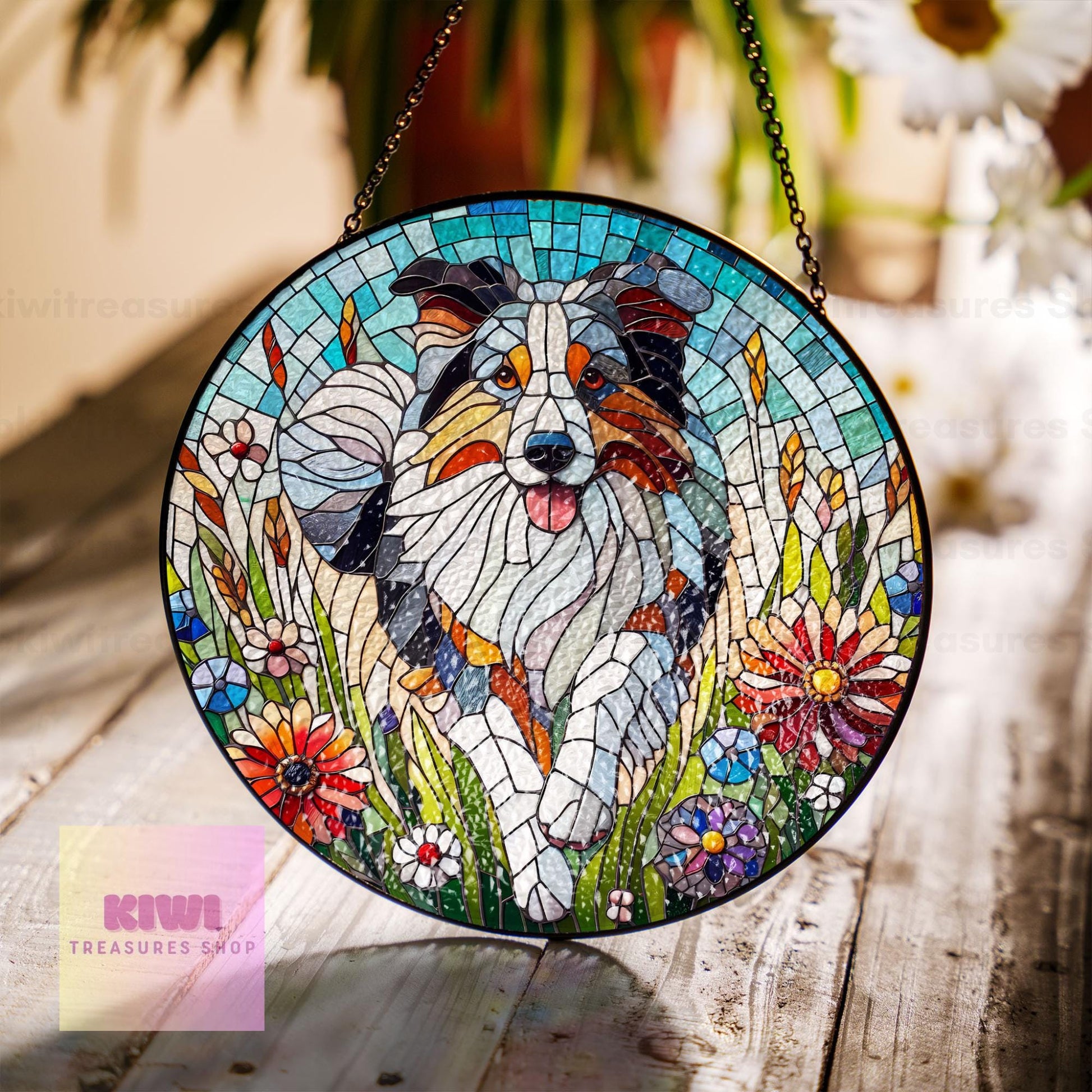 Australian Shepherd wildflowers GLASS Suncatcher Hanging, Australian Shepherd wildflower, shepherd dog suncatcher hanging