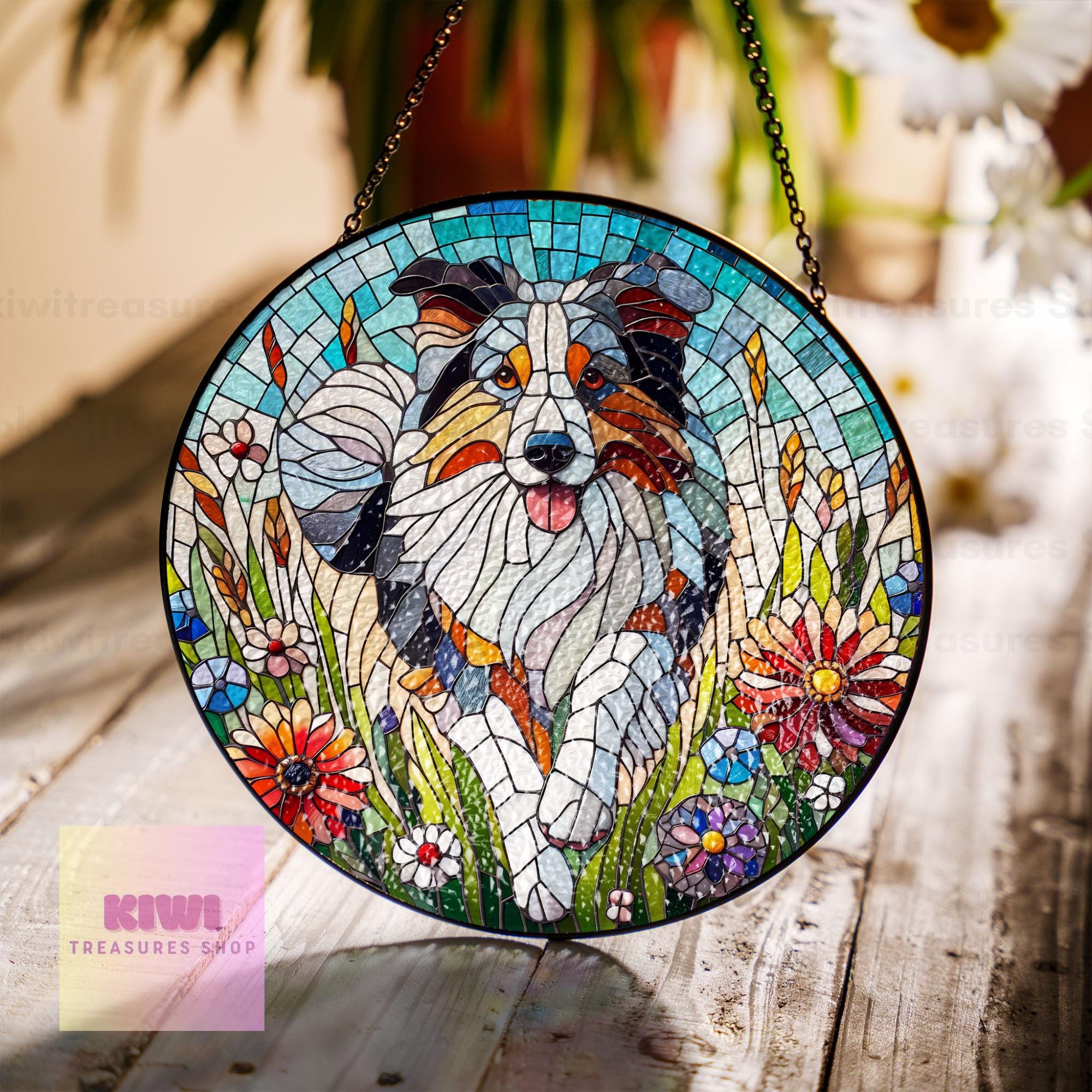 Australian Shepherd wildflowers GLASS Suncatcher Hanging, Australian Shepherd wildflower, shepherd dog suncatcher hanging