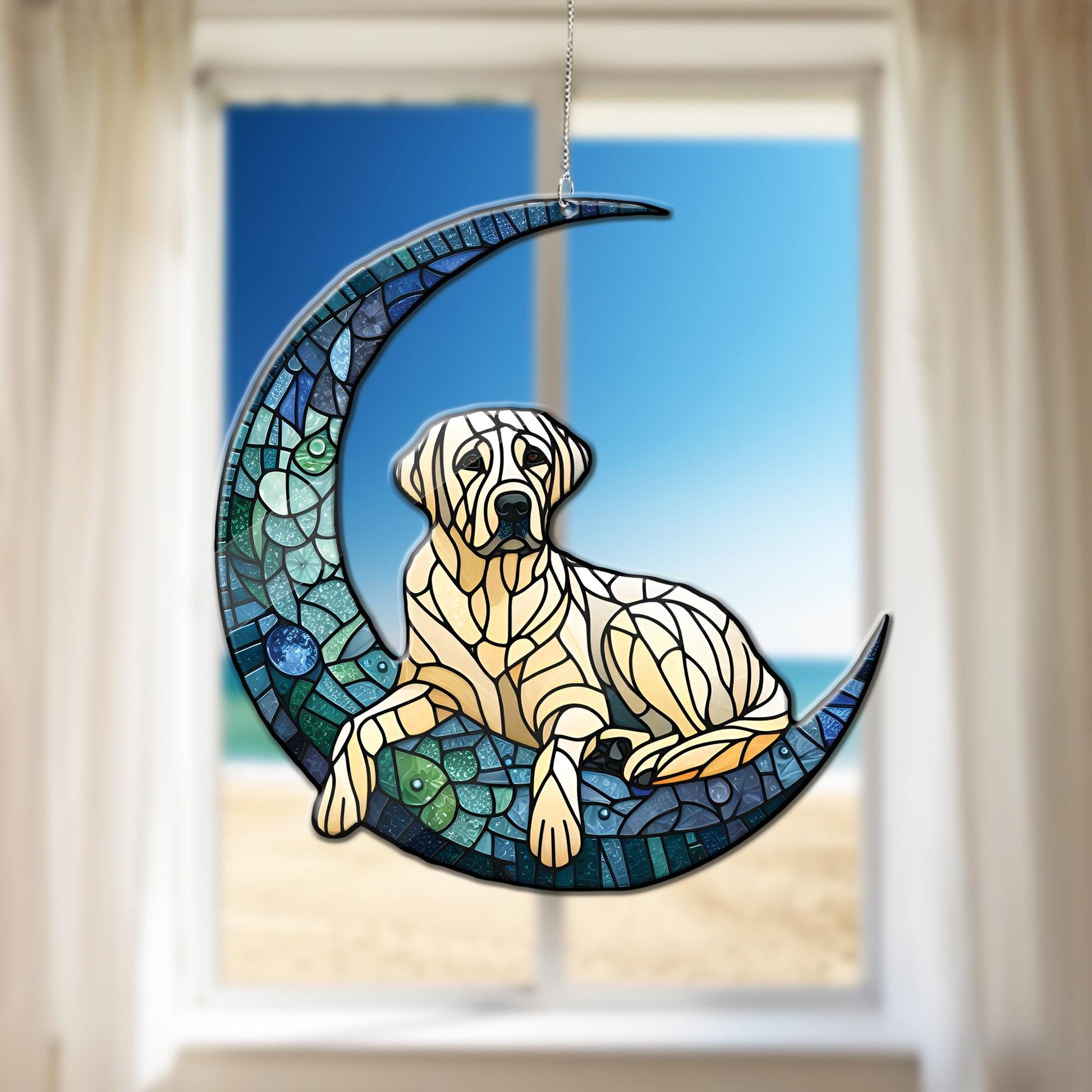 Labrador Retriever on crescent moon Acrylic Window Hanging, dog Mom gift, labrador retriever lover, dog owner gift, memorial idea gift