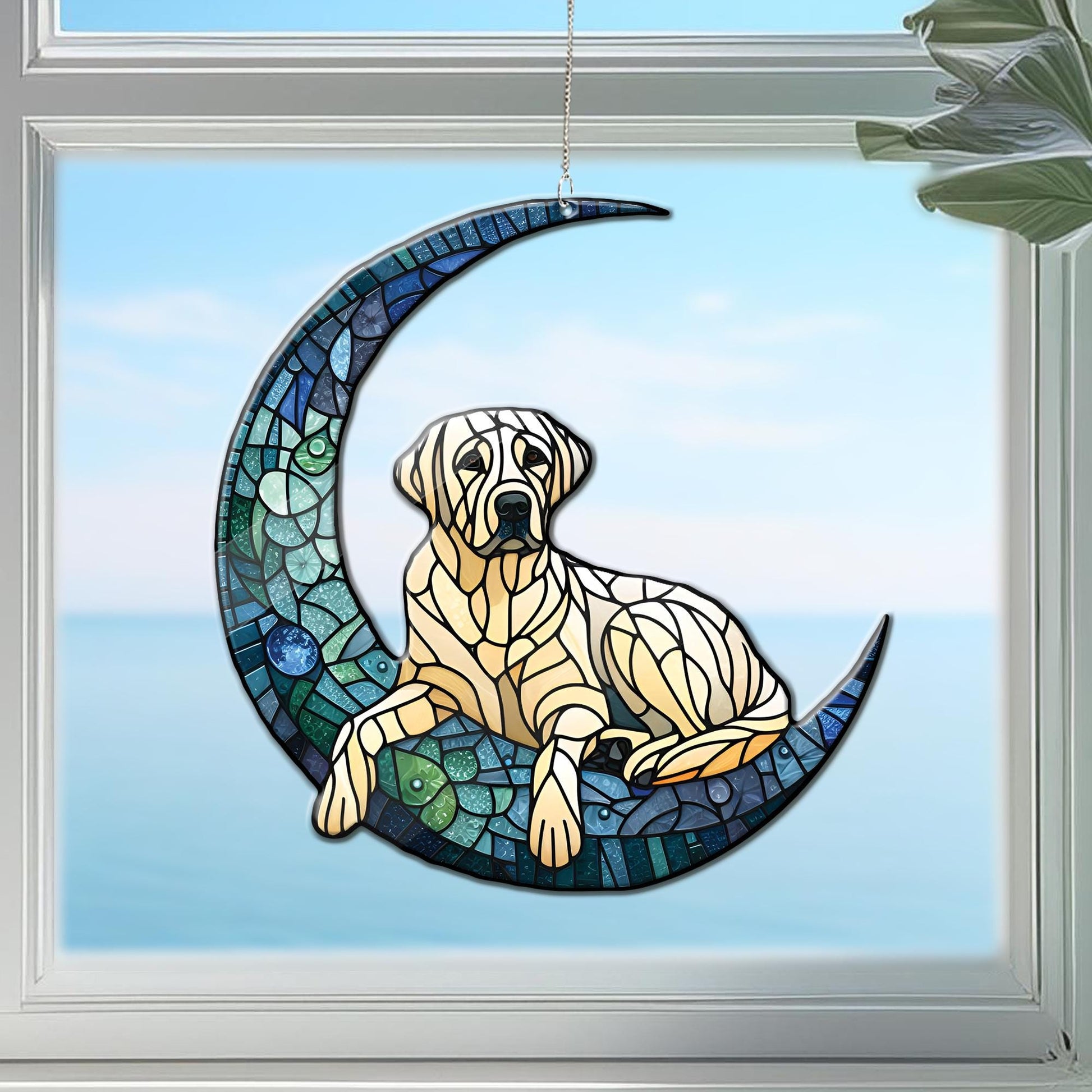 Labrador Retriever on crescent moon Acrylic Window Hanging, dog Mom gift, labrador retriever lover, dog owner gift, memorial idea gift