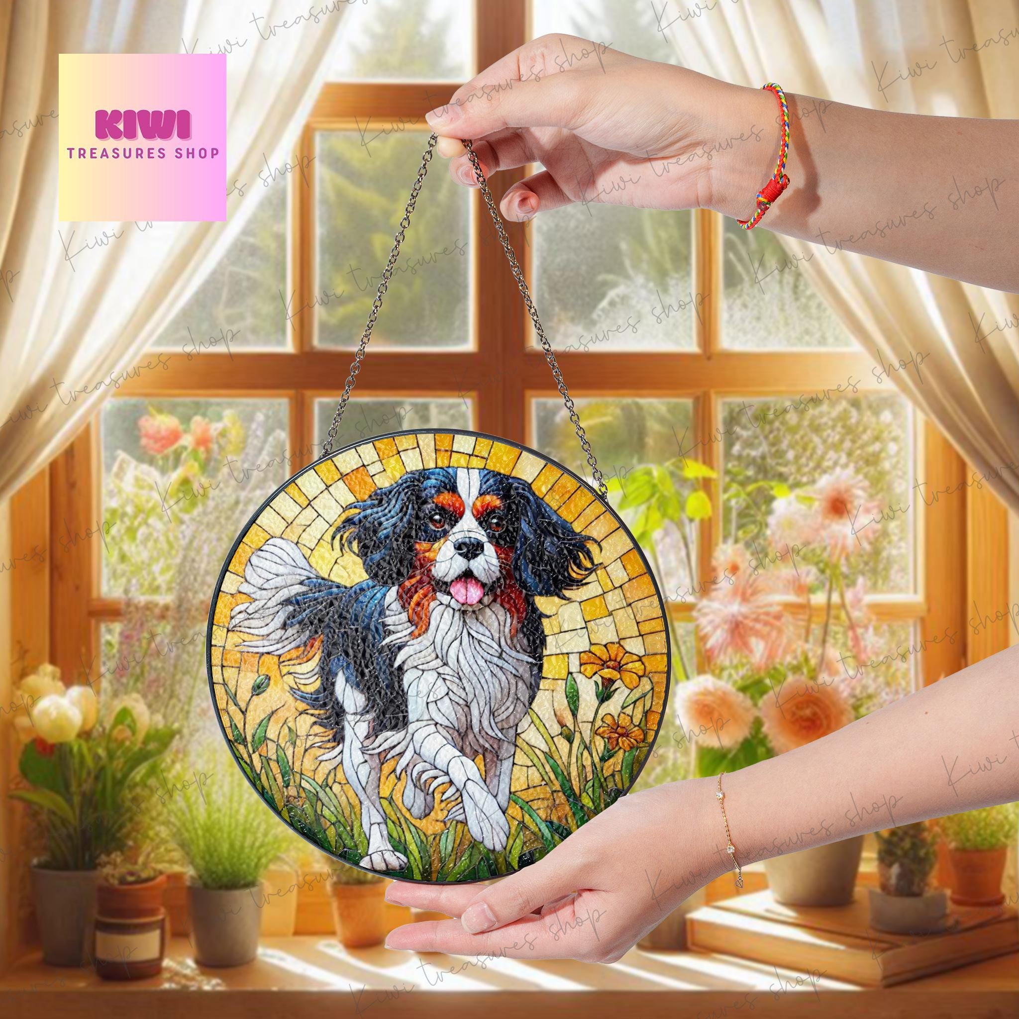 Tricolor Cavalier King and Wildflower GLASS Suncatcher Hanging, Cavalier King Charles Spaniel Suncatcher Ornament, Dog Lovers, Memorial Gift