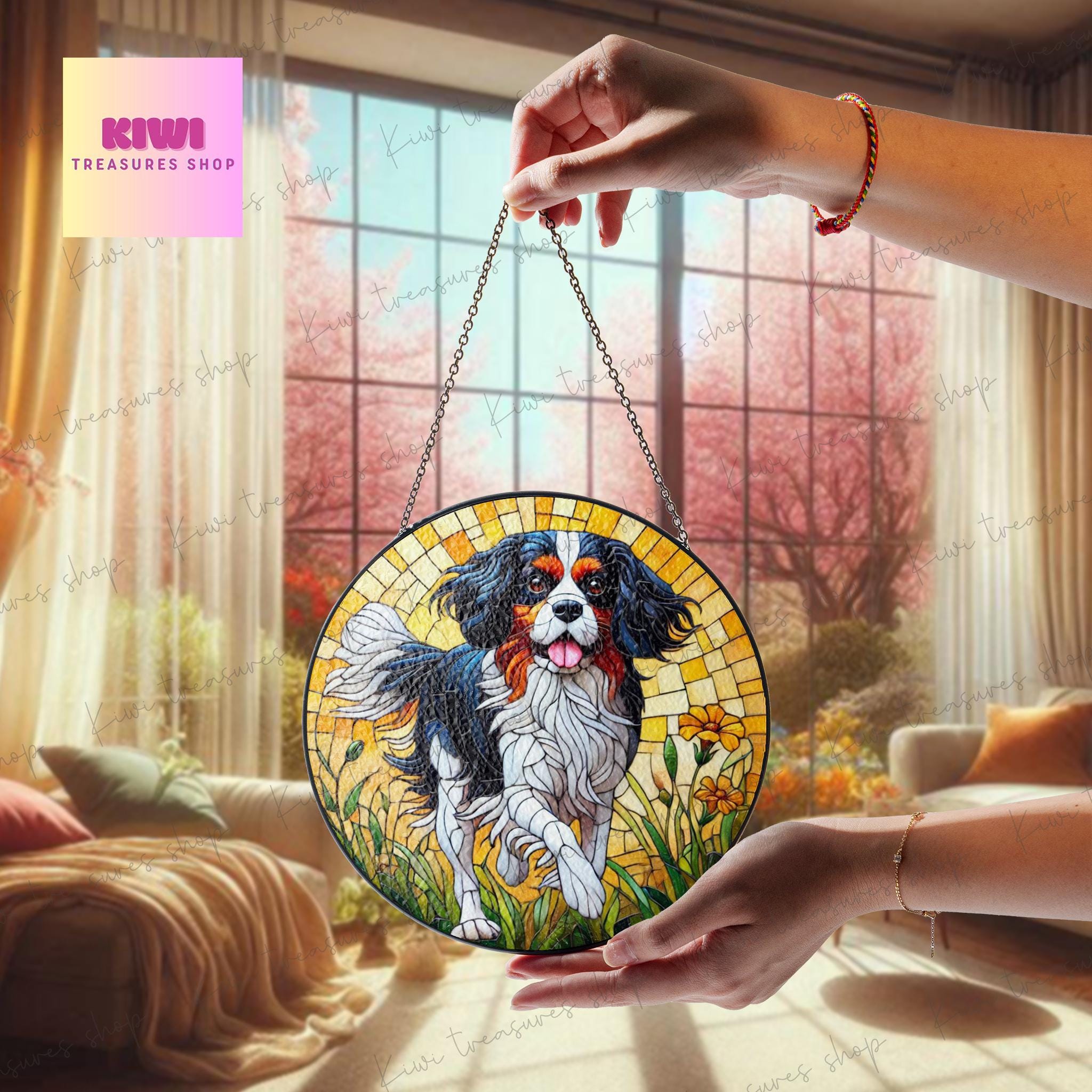 Tricolor Cavalier King and Wildflower GLASS Suncatcher Hanging, Cavalier King Charles Spaniel Suncatcher Ornament, Dog Lovers, Memorial Gift
