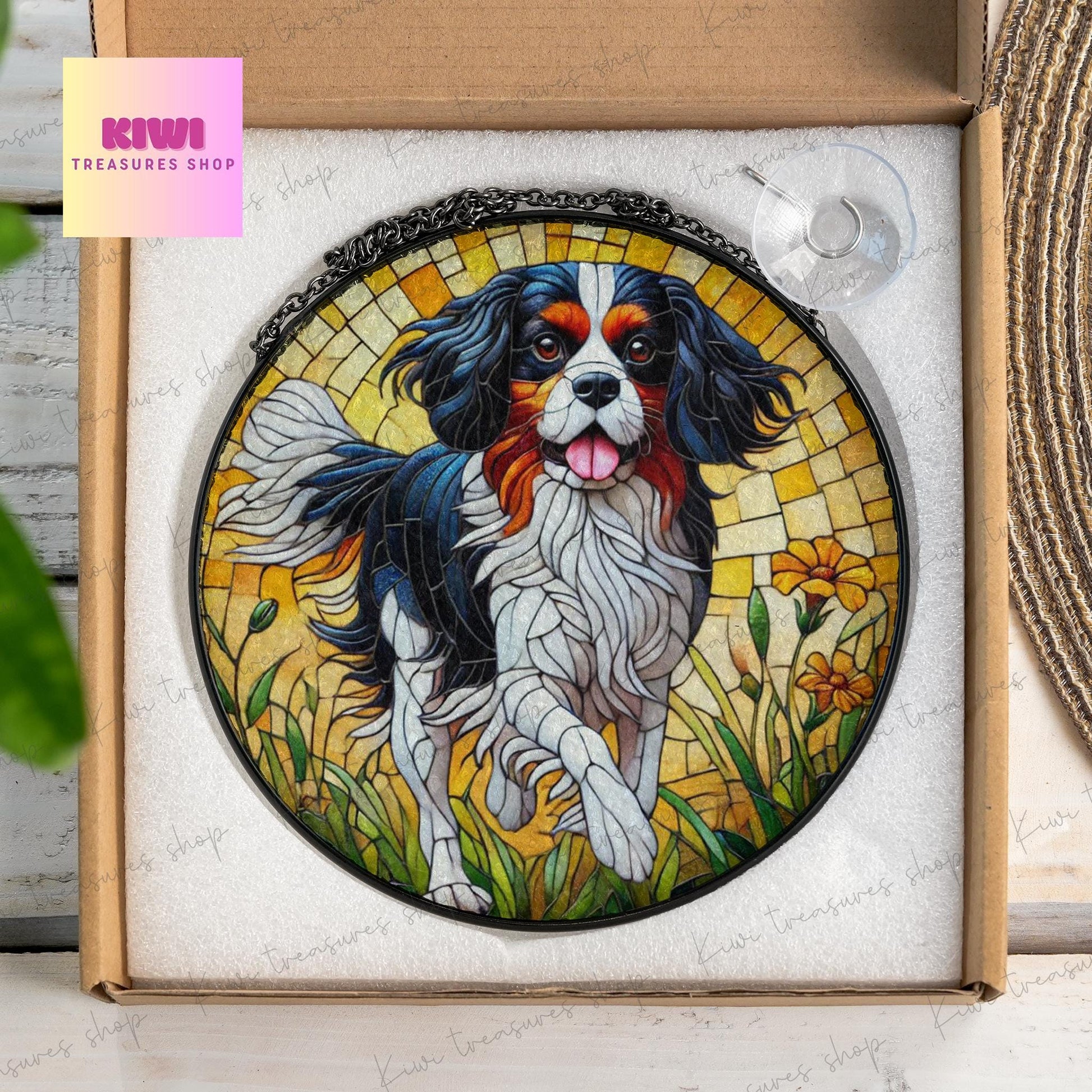 Tricolor Cavalier King and Wildflower GLASS Suncatcher Hanging, Cavalier King Charles Spaniel Suncatcher Ornament, Dog Lovers, Memorial Gift