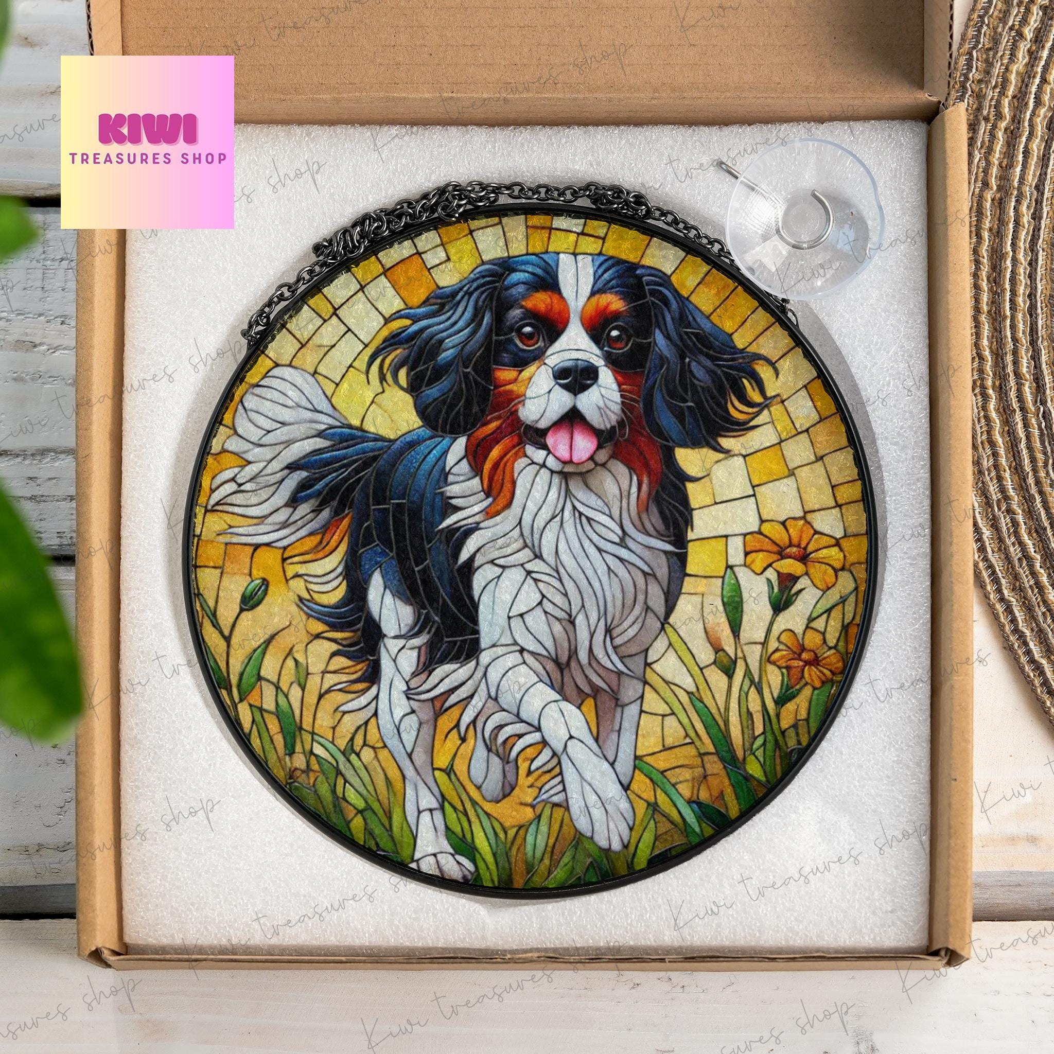 Tricolor Cavalier King and Wildflower GLASS Suncatcher Hanging, Cavalier King Charles Spaniel Suncatcher Ornament, Dog Lovers, Memorial Gift