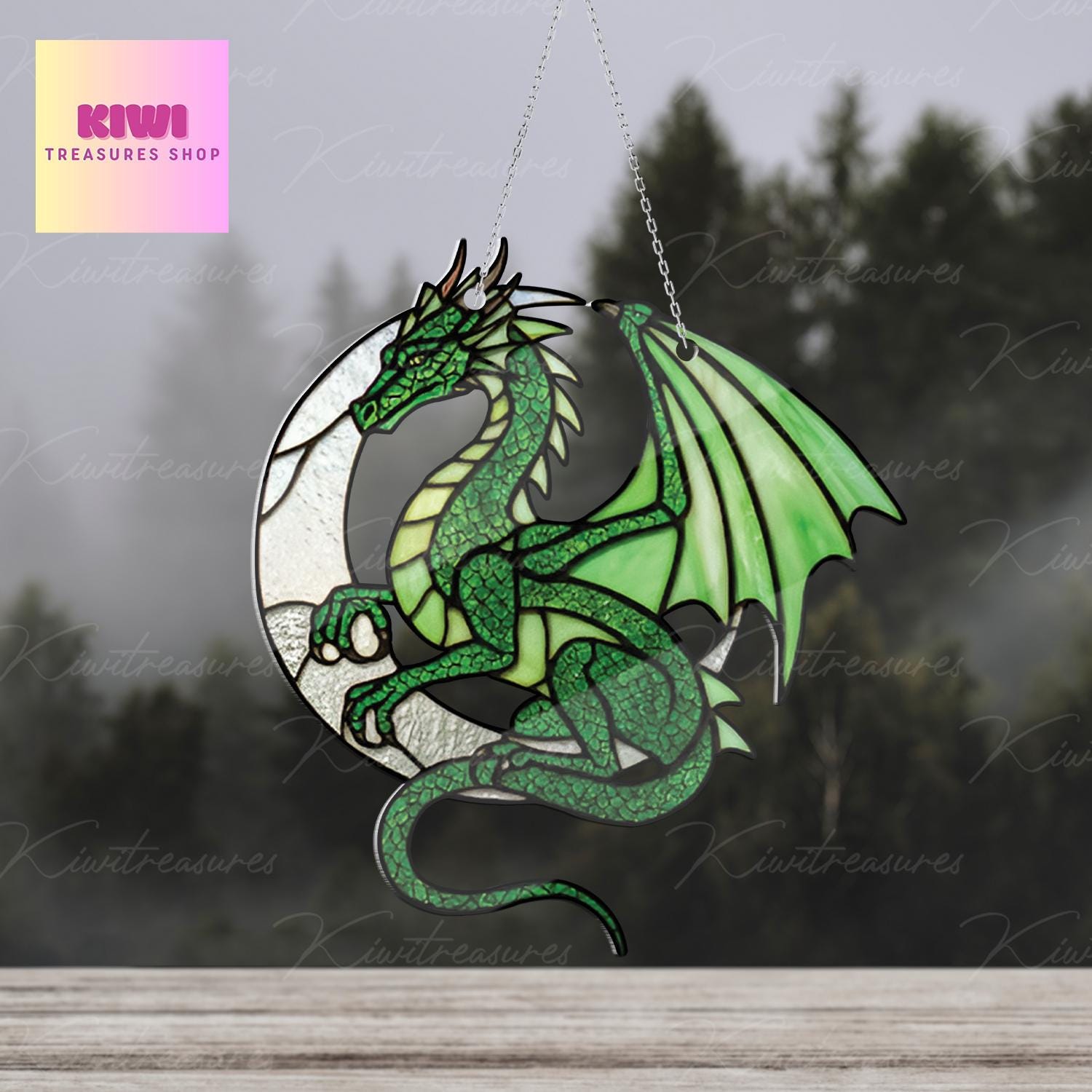 Majestic Green Dragon On Crescent Moon ACRYLIC Window Hanging, Green Dragon Lover Decor, Dragon Lover Gift, Dragon Window Decor,Gift For Her