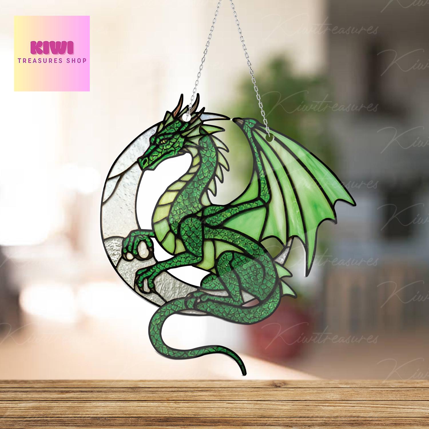 Majestic Green Dragon On Crescent Moon ACRYLIC Window Hanging, Green Dragon Lover Decor, Dragon Lover Gift, Dragon Window Decor,Gift For Her