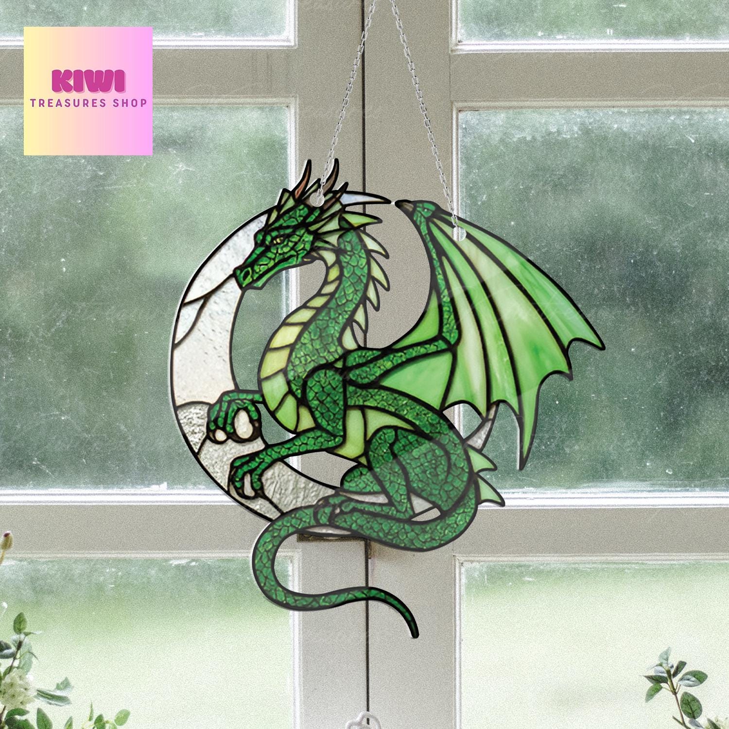 Majestic Green Dragon On Crescent Moon ACRYLIC Window Hanging, Green Dragon Lover Decor, Dragon Lover Gift, Dragon Window Decor,Gift For Her