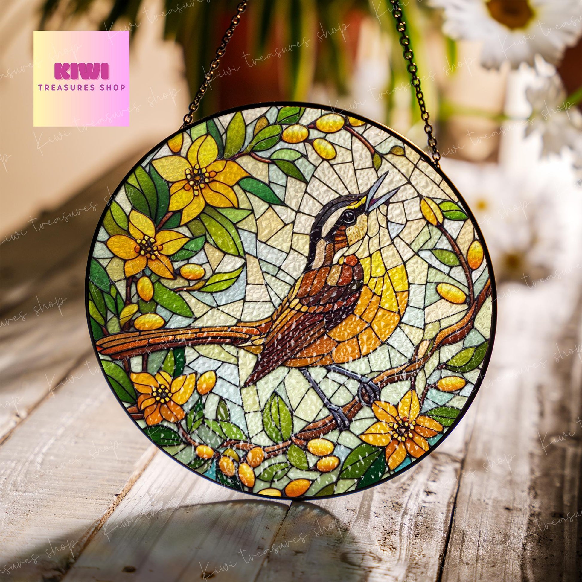 Carolina Wren on floral branch GLASS Hanging, Carolina Wren suncatcher, bird watching gift, Kitchen decor, stunning carolina wren glass