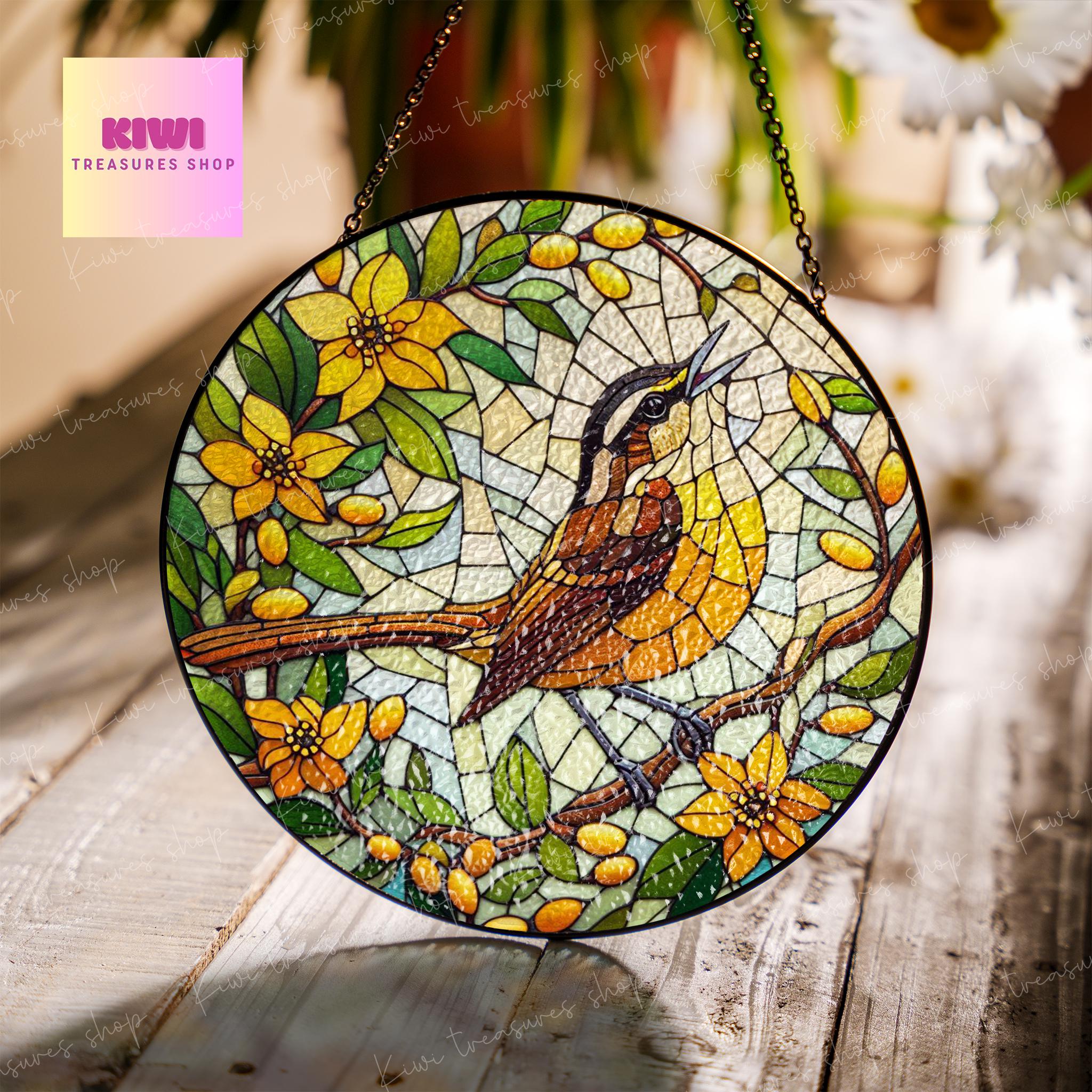 Carolina Wren on floral branch GLASS Hanging, Carolina Wren suncatcher, bird watching gift, Kitchen decor, stunning carolina wren glass
