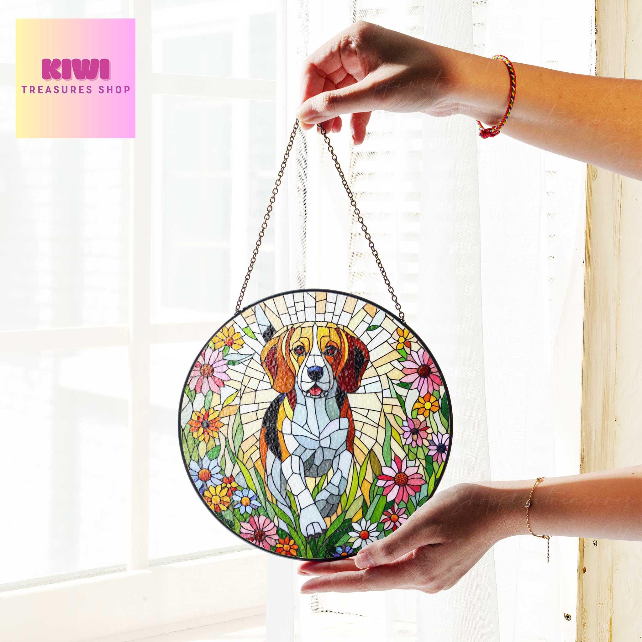 Beagle wildflowers GLASS Suncatcher Hanging, Beagle suncatcher window decor, beagel mom gift suncatcher hanging