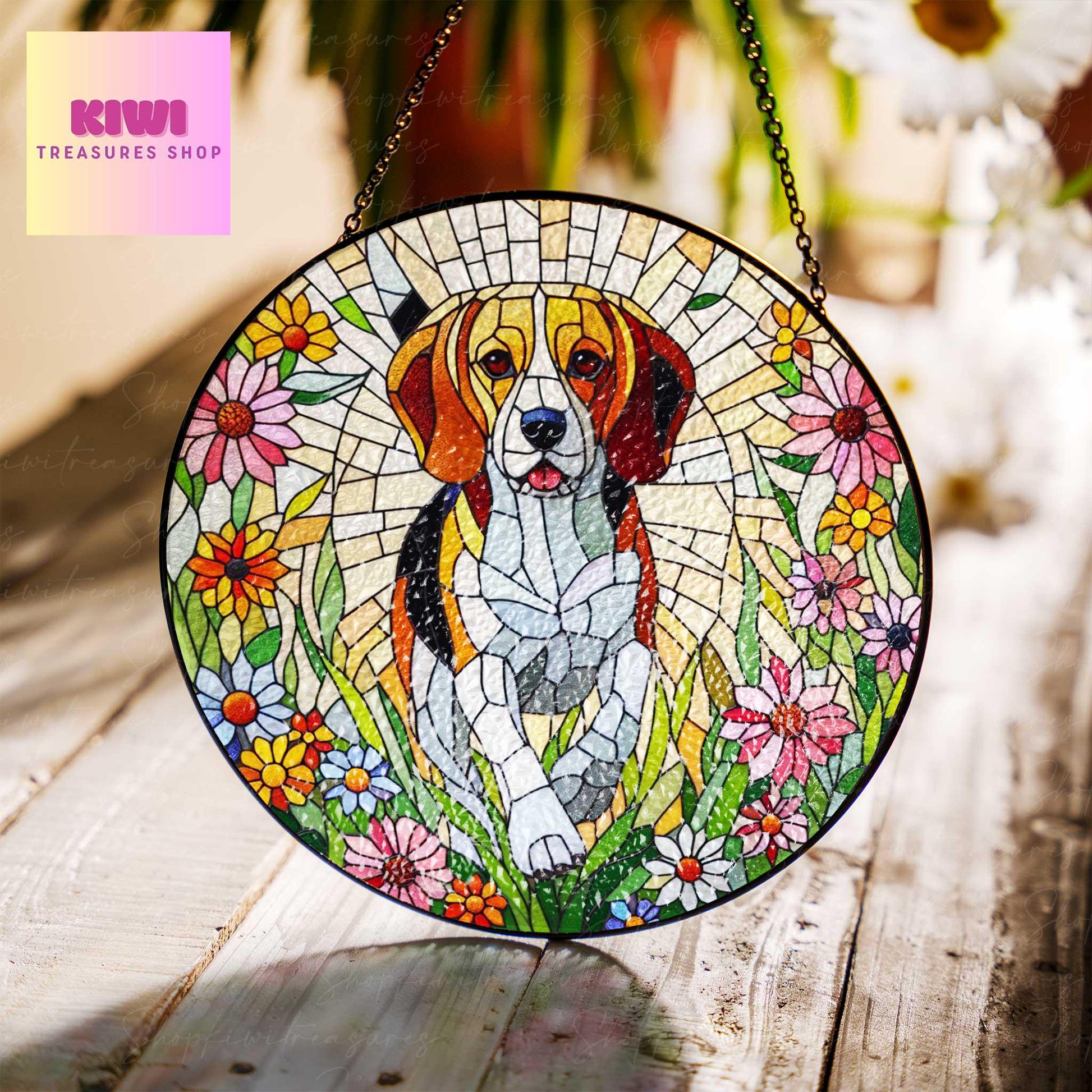 Beagle wildflowers GLASS Suncatcher Hanging, Beagle suncatcher window decor, beagel mom gift suncatcher hanging