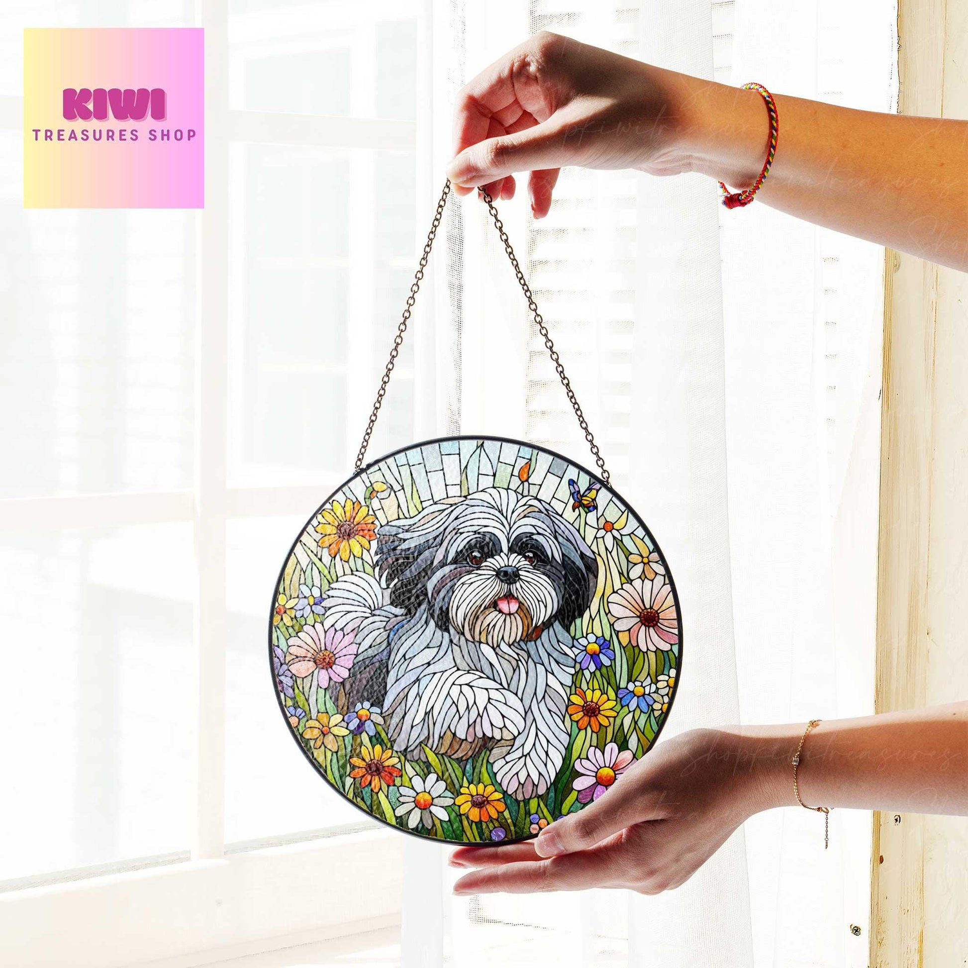 Shih Tzu wildflowers GLASS Suncatcher Hanging, shih tzu suncatcher window decor, shih tzu mom gift suncatcher hanging, shih tzu ornament