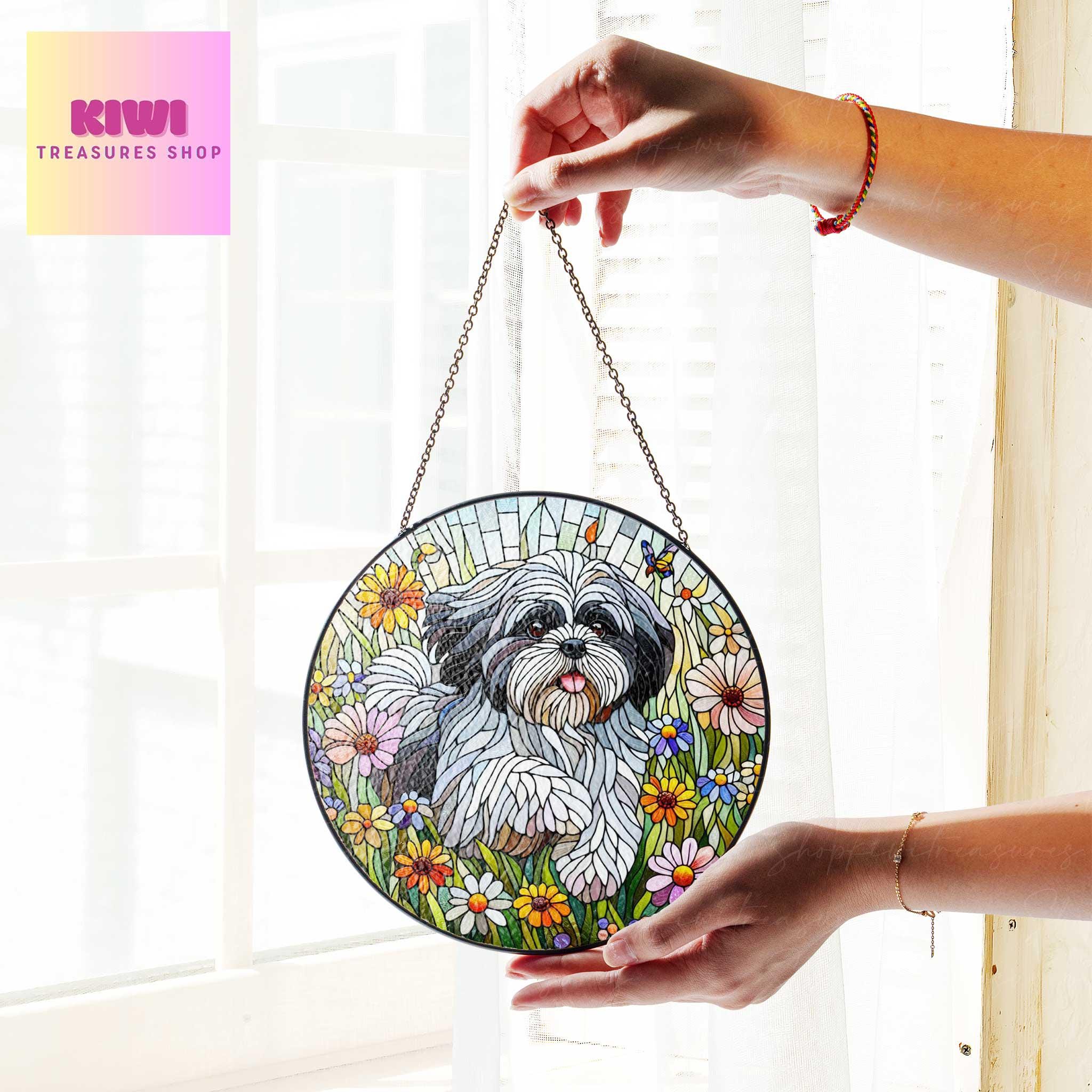 Shih Tzu wildflowers GLASS Suncatcher Hanging, shih tzu suncatcher window decor, shih tzu mom gift suncatcher hanging, shih tzu ornament