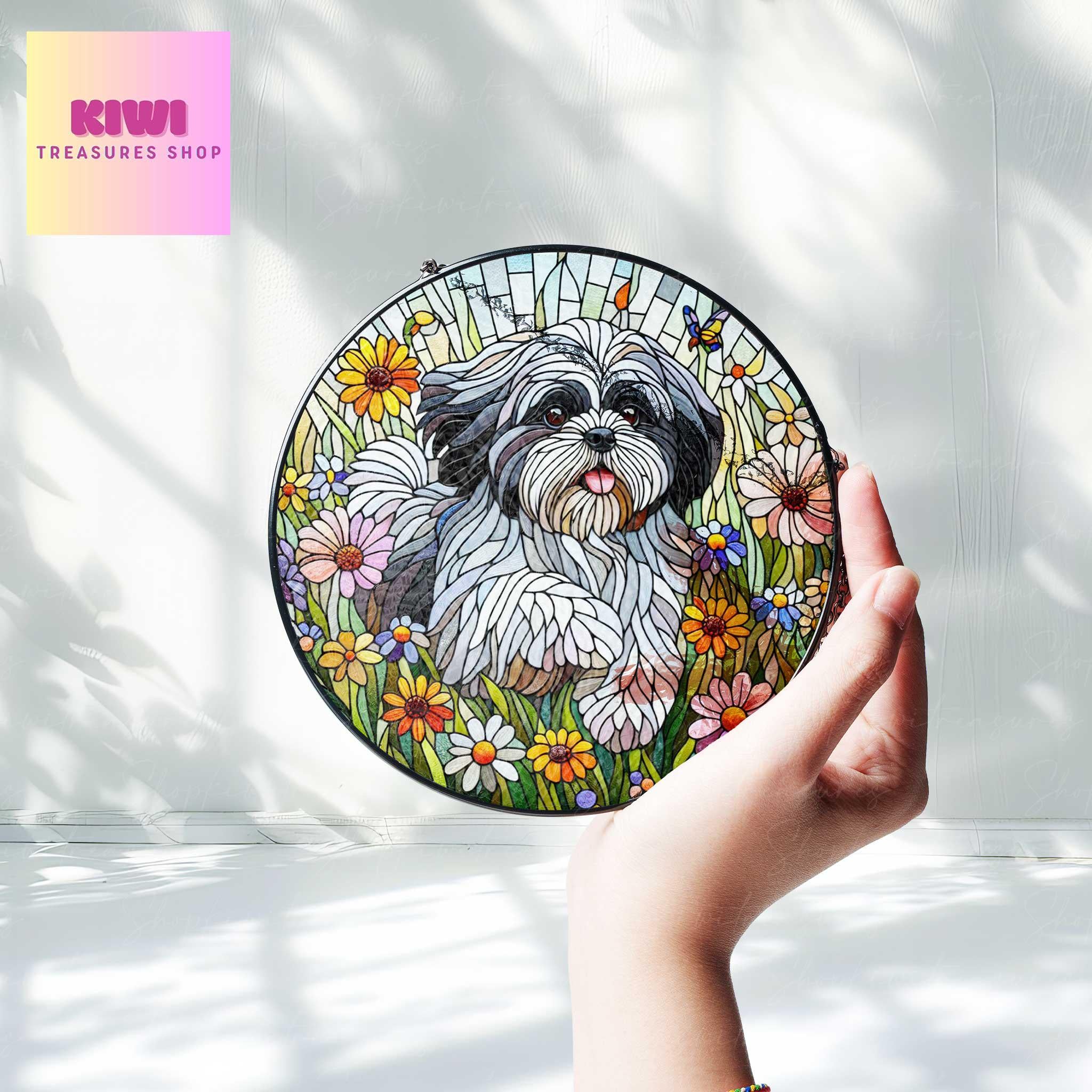 Shih Tzu wildflowers GLASS Suncatcher Hanging, shih tzu suncatcher window decor, shih tzu mom gift suncatcher hanging, shih tzu ornament