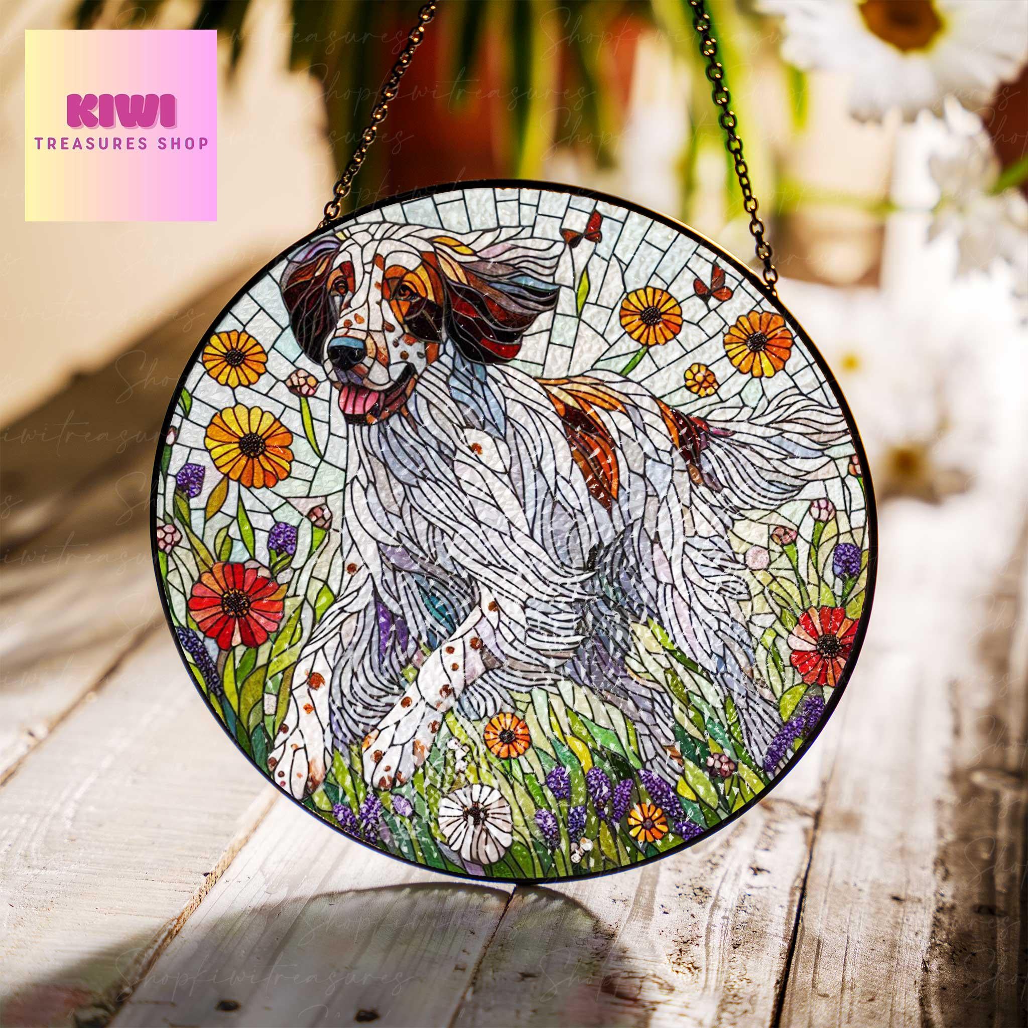 English setter wildflowers GLASS Suncatcher Hanging, english setter suncatcher window decor, english setter mom gift suncatcher hanging