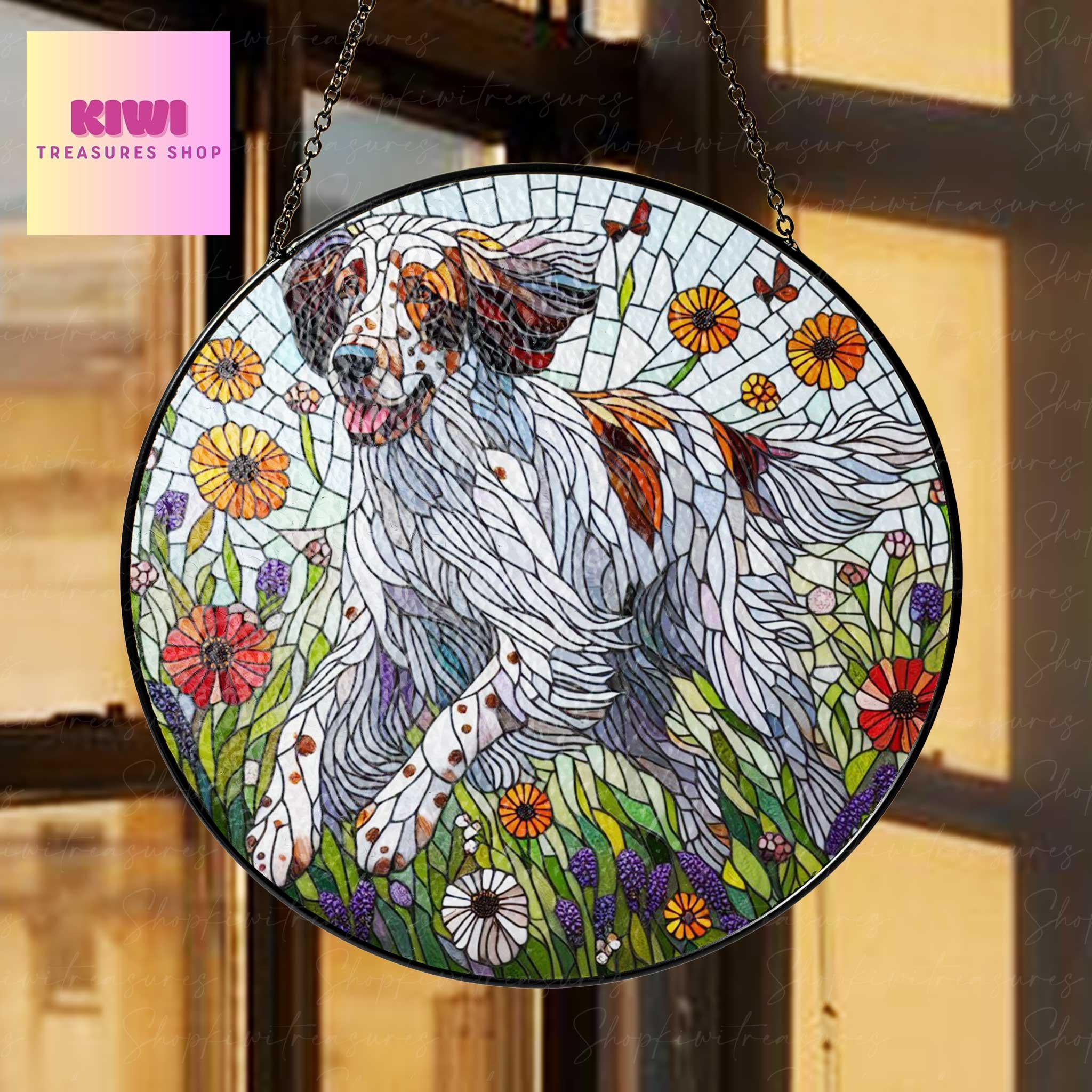 English setter wildflowers GLASS Suncatcher Hanging, english setter suncatcher window decor, english setter mom gift suncatcher hanging