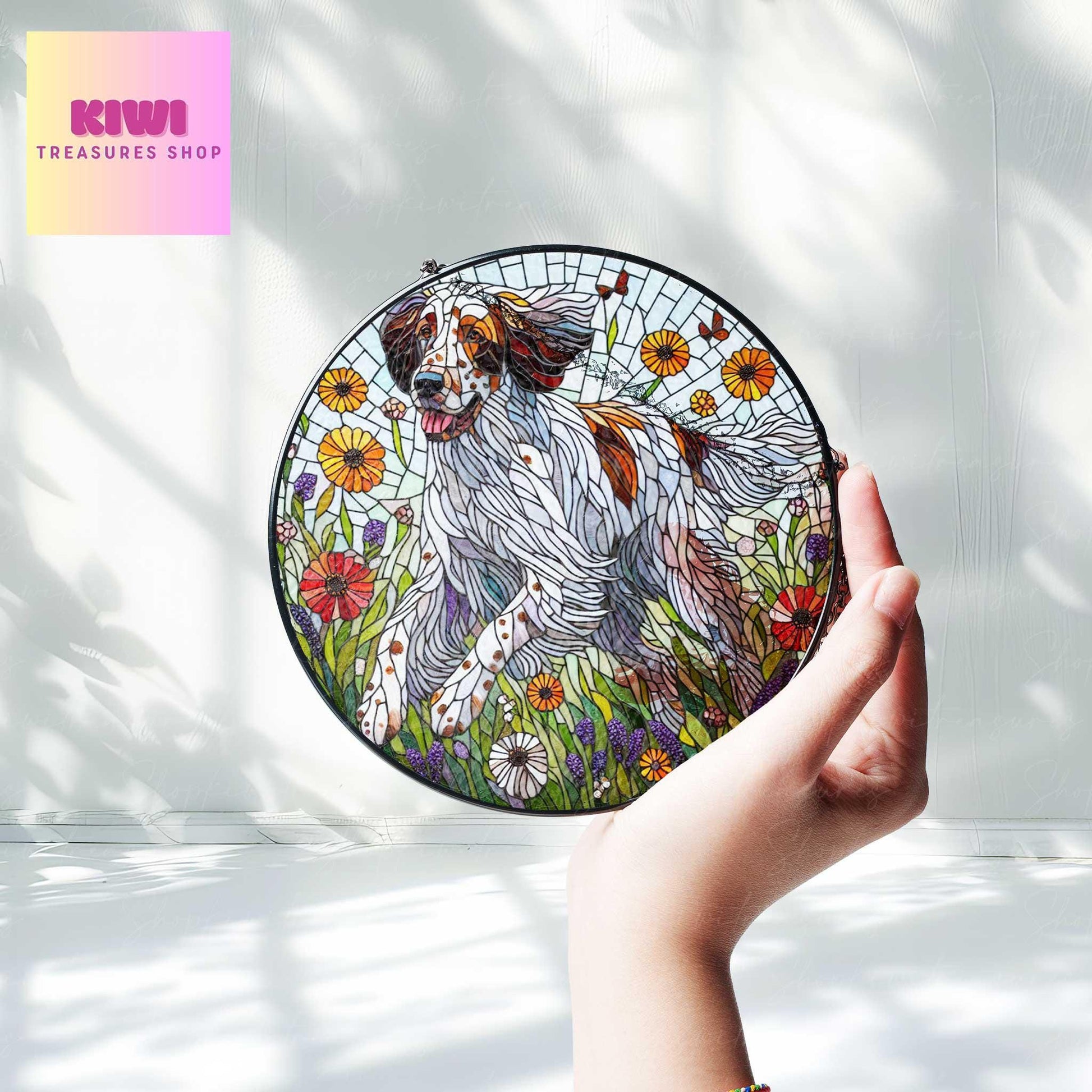 English setter wildflowers GLASS Suncatcher Hanging, english setter suncatcher window decor, english setter mom gift suncatcher hanging