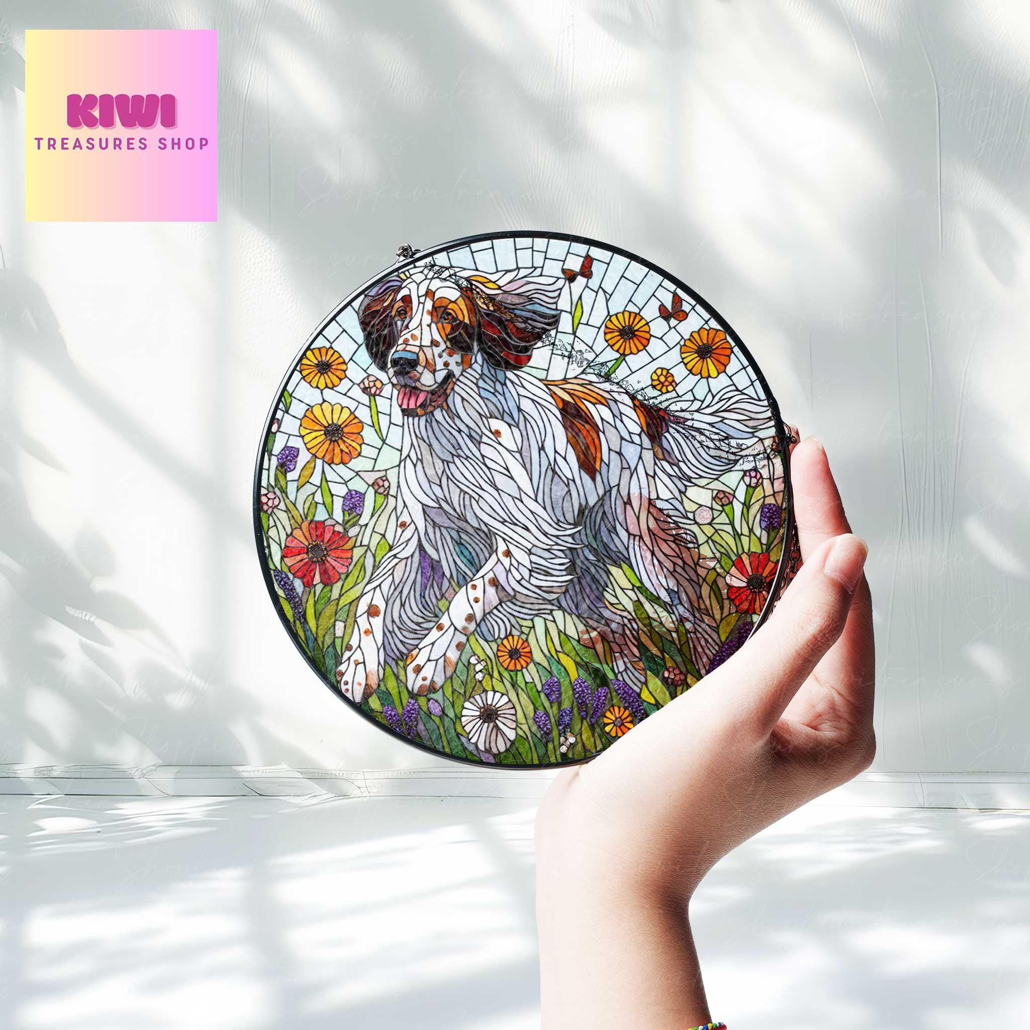 English setter wildflowers GLASS Suncatcher Hanging, english setter suncatcher window decor, english setter mom gift suncatcher hanging