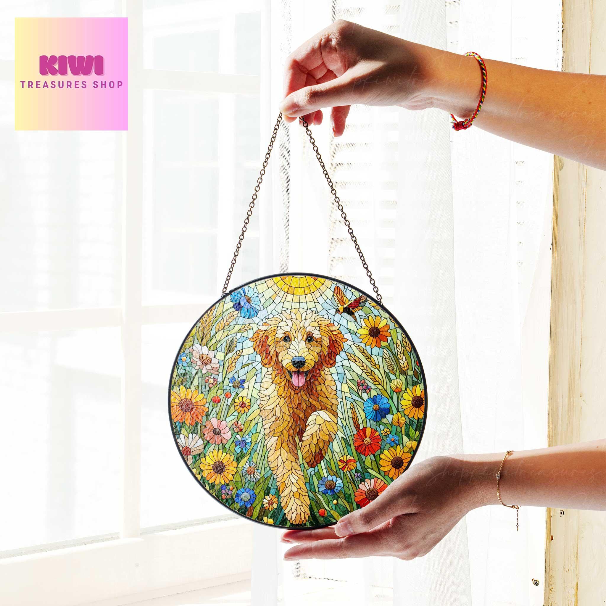 Goldendoodle wildflowers GLASS Suncatcher Hanging, golden doodle suncatcher window decor, golgen doodle mom gift suncatcher hanging