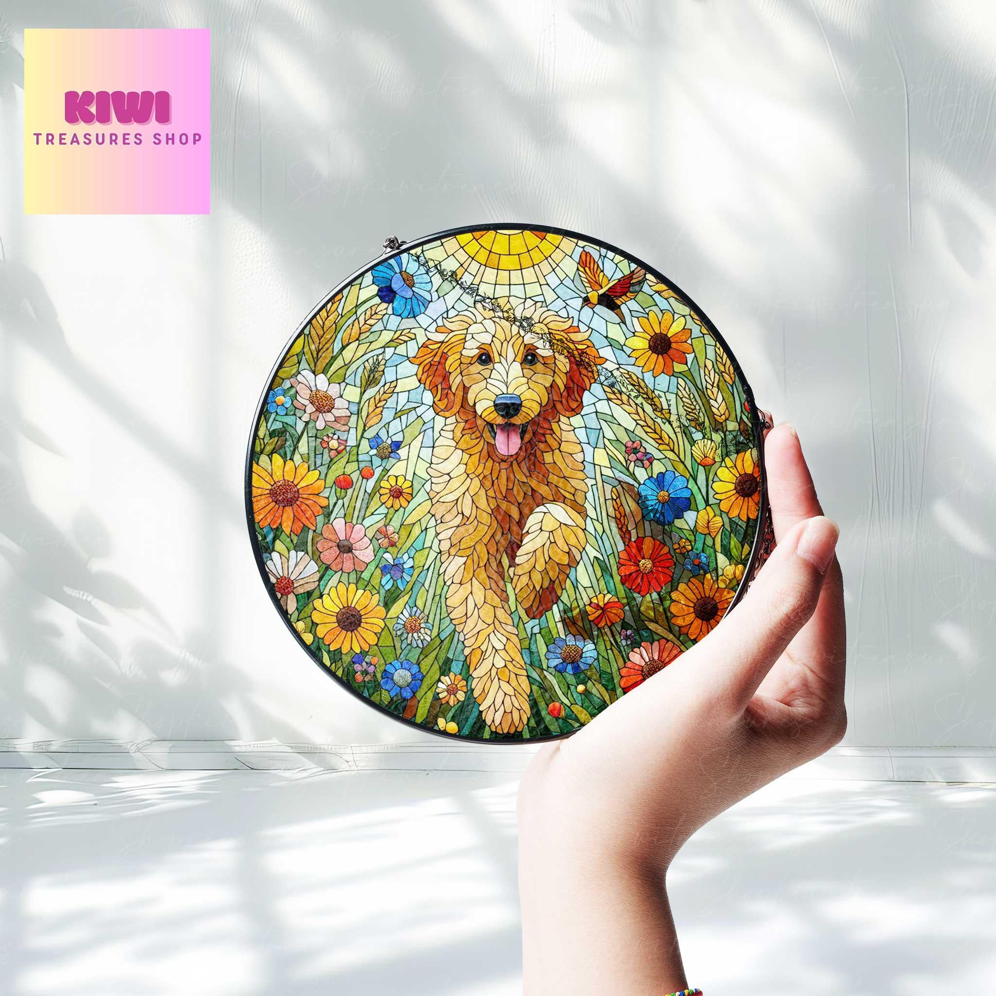 Goldendoodle wildflowers GLASS Suncatcher Hanging, golden doodle suncatcher window decor, golgen doodle mom gift suncatcher hanging
