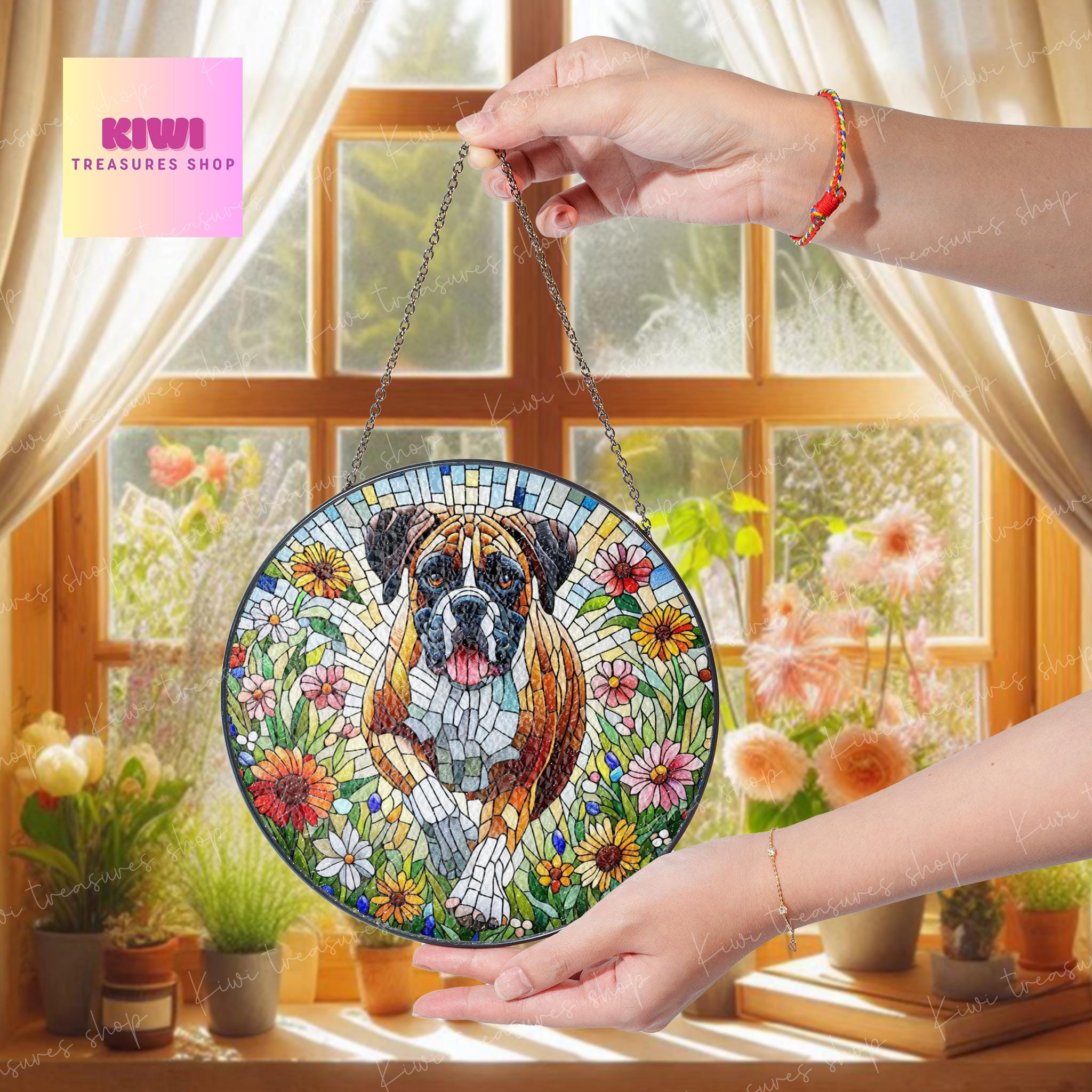 Boxer wildflowers GLASS Suncatcher Hanging, boxer suncatcher window decor, boxer mom gift suncatcher hanging, boxer ornament