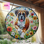 Boxer wildflowers GLASS Suncatcher Hanging, boxer suncatcher window decor, boxer mom gift suncatcher hanging, boxer ornament
