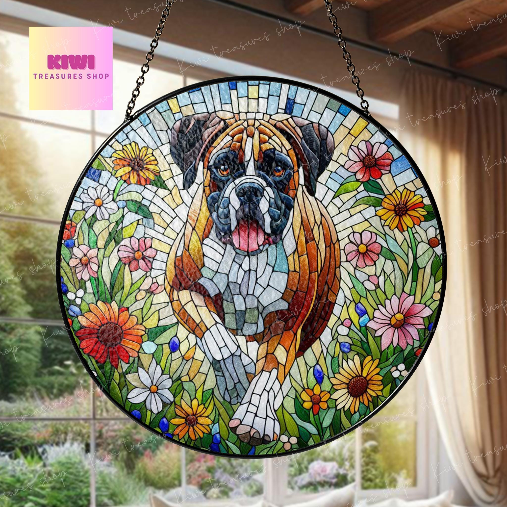 Boxer wildflowers GLASS Suncatcher Hanging, boxer suncatcher window decor, boxer mom gift suncatcher hanging, boxer ornament