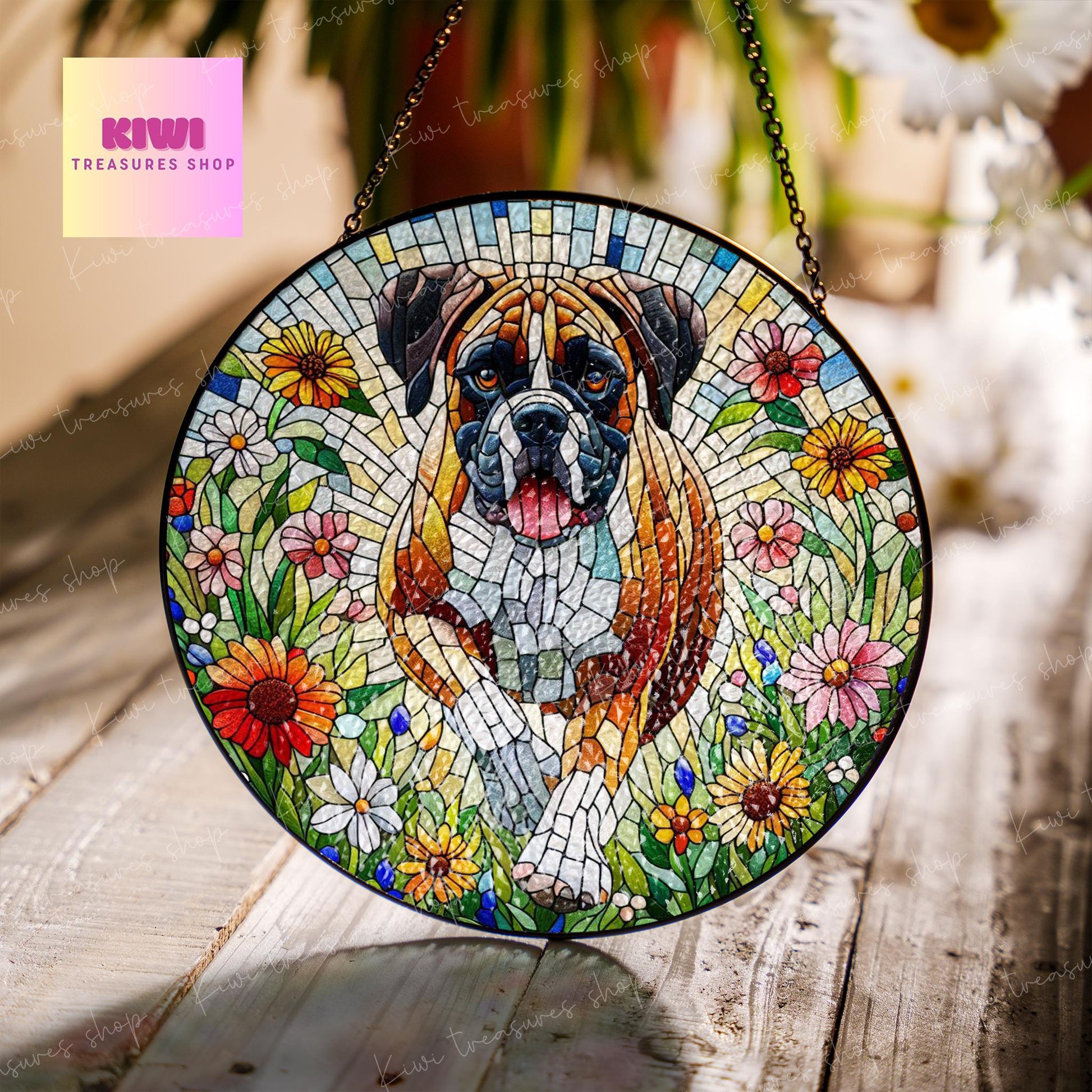 Boxer wildflowers GLASS Suncatcher Hanging, boxer suncatcher window decor, boxer mom gift suncatcher hanging, boxer ornament