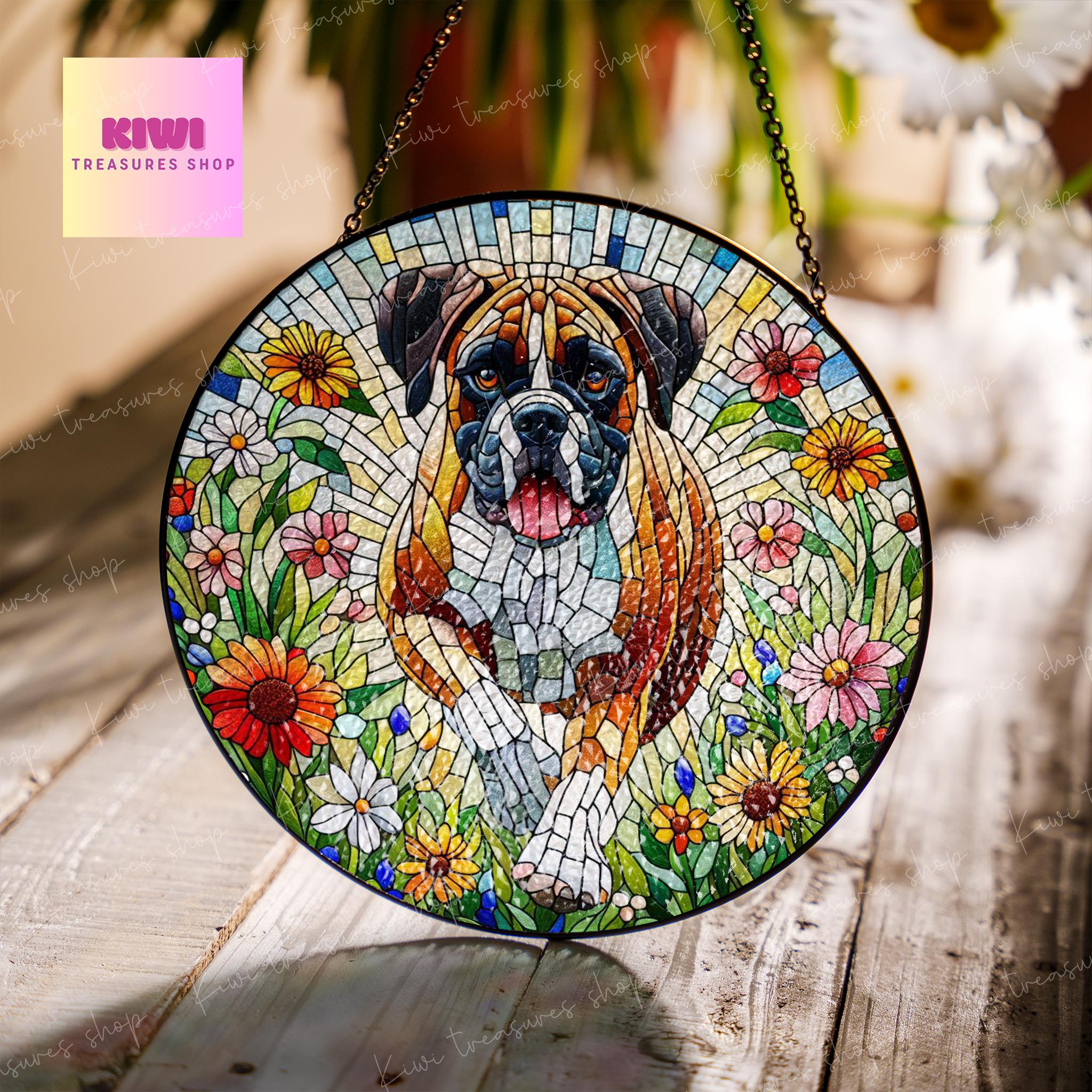 Boxer wildflowers GLASS Suncatcher Hanging, boxer suncatcher window decor, boxer mom gift suncatcher hanging, boxer ornament