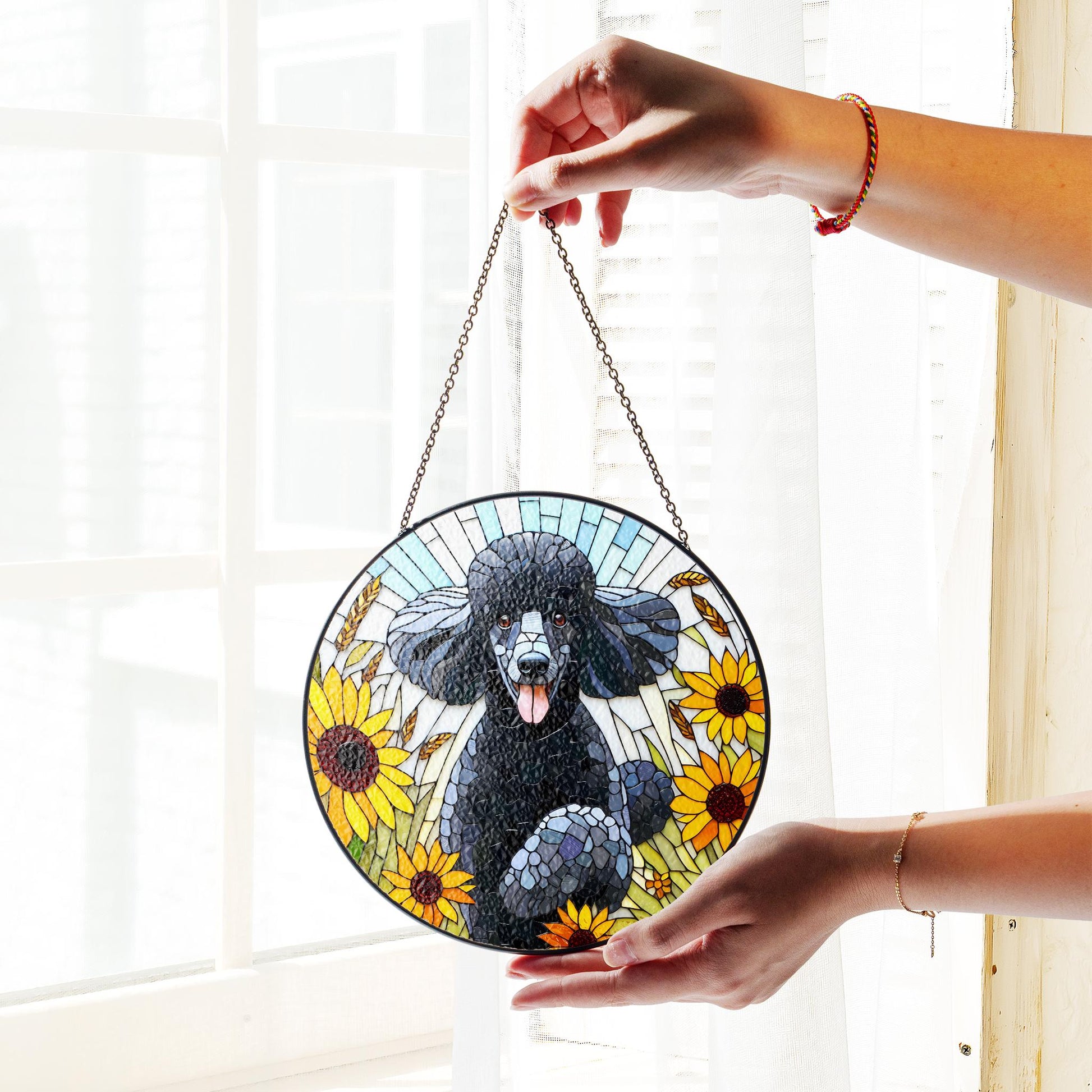 Black Poodle potrait GLASS Suncatcher Hanging, Winter wildflower, Dog suncatcher, Poodle mom gift, poodle window hanging, housewarming gift