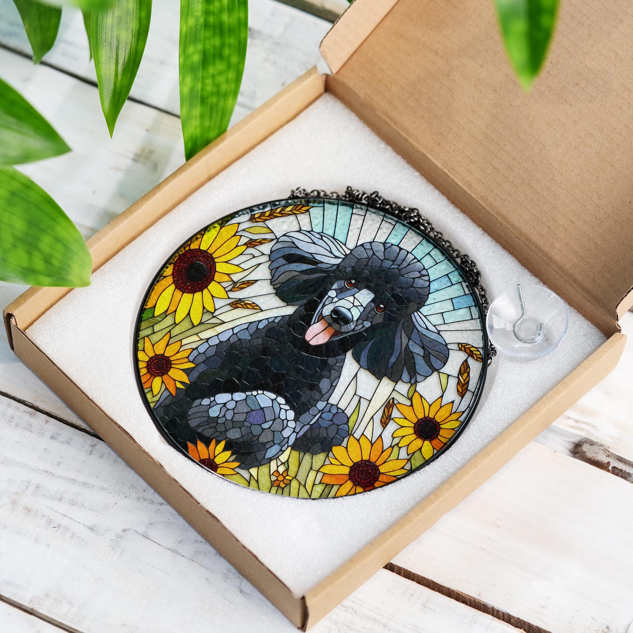 Black Poodle potrait GLASS Suncatcher Hanging, Winter wildflower, Dog suncatcher, Poodle mom gift, poodle window hanging, housewarming gift