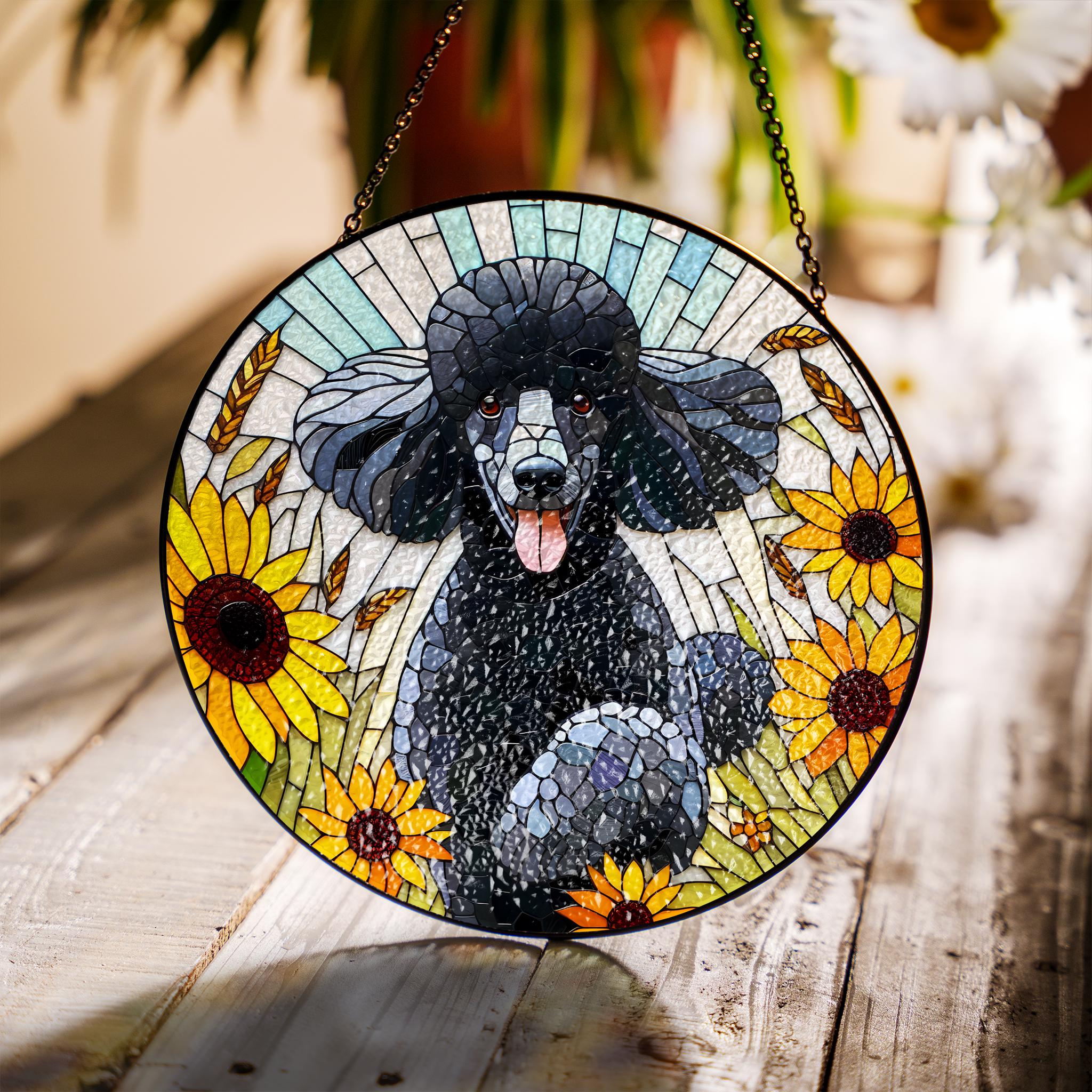 Black Poodle potrait GLASS Suncatcher Hanging, Winter wildflower, Dog suncatcher, Poodle mom gift, poodle window hanging, housewarming gift