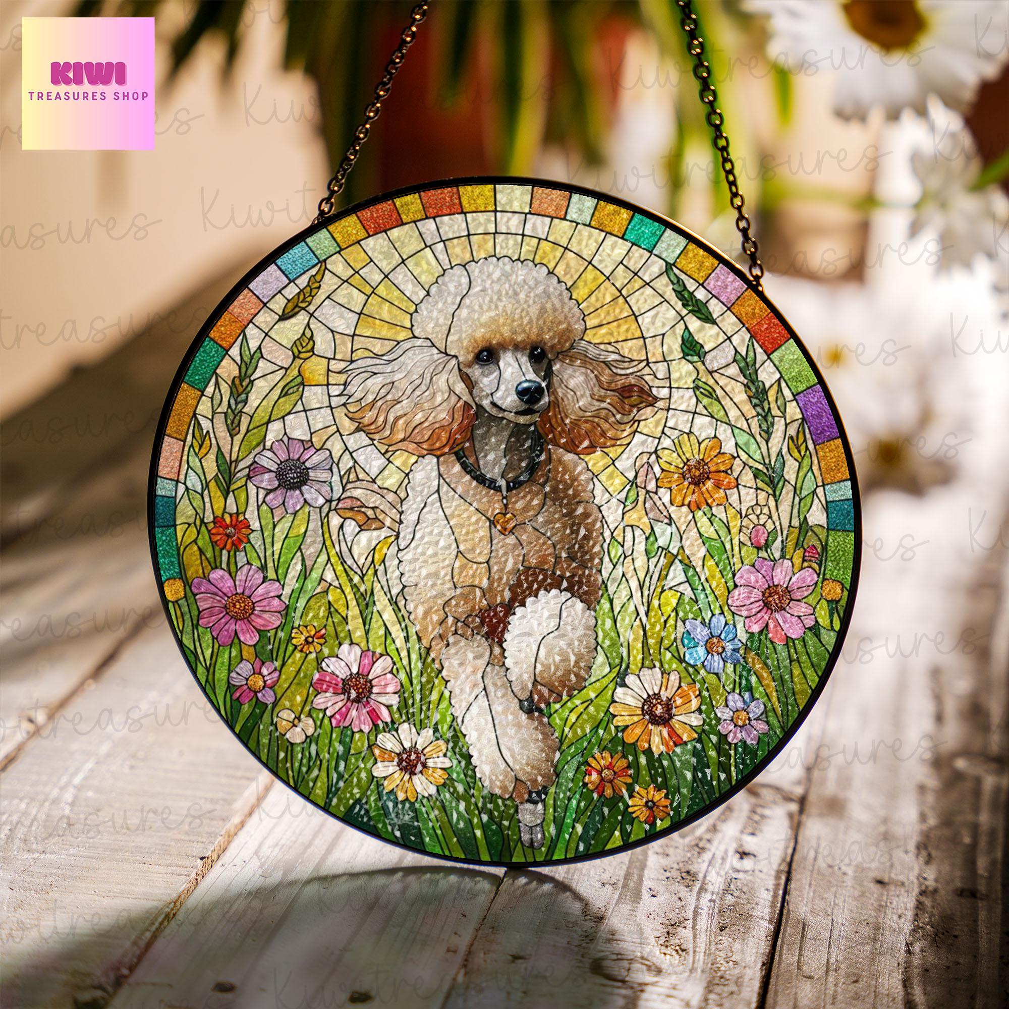 Poodle running GLASS Suncatcher Hanging, Winter wildflower, Dog suncatcher, Poodle mom gift, poodle window hanging, housewarming gift