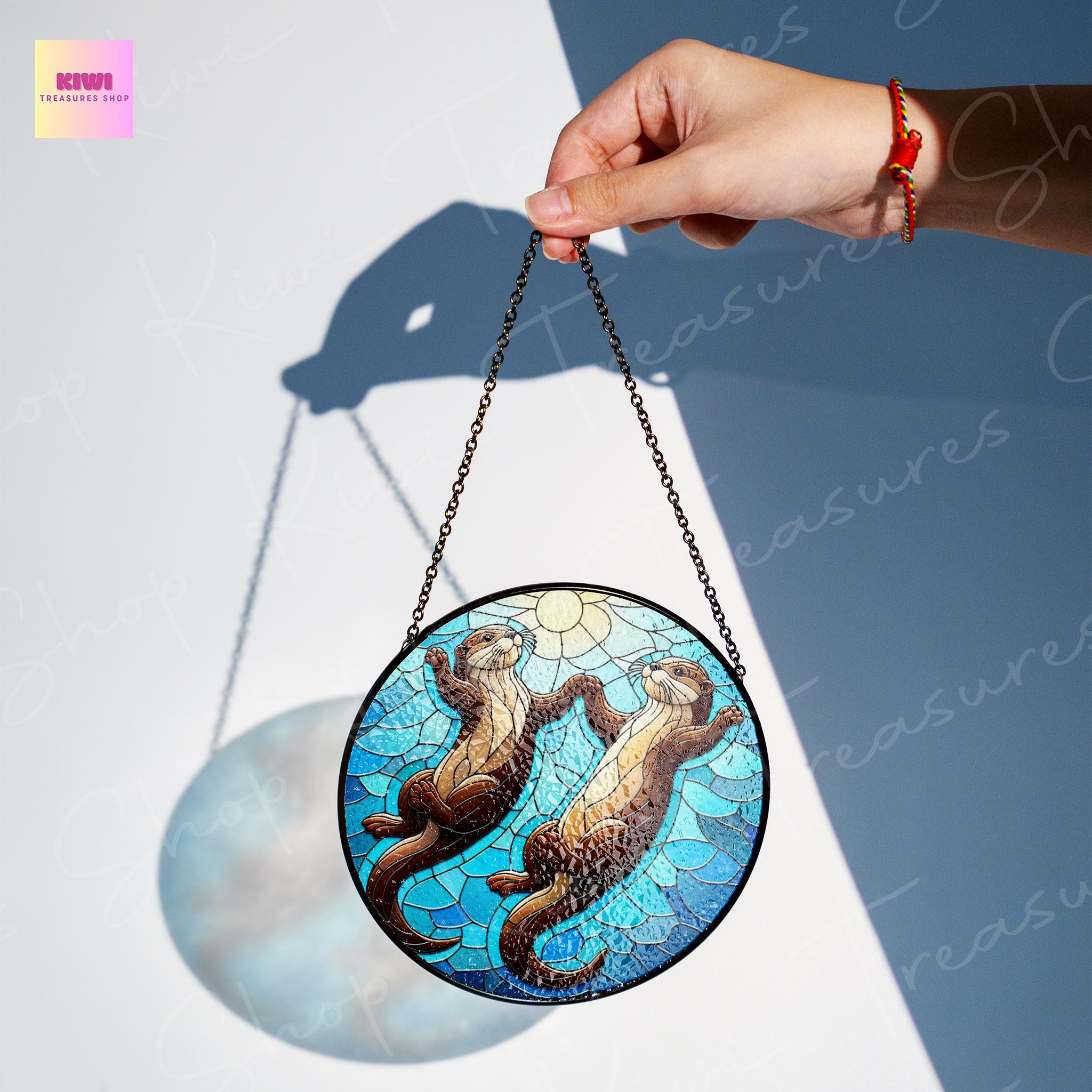 Otter couple  GLASS Suncatcher Hanging, Otter Window hanging, Otter lover, Wildlife nature Suncatcher ornament, couple gift, Valentine gift