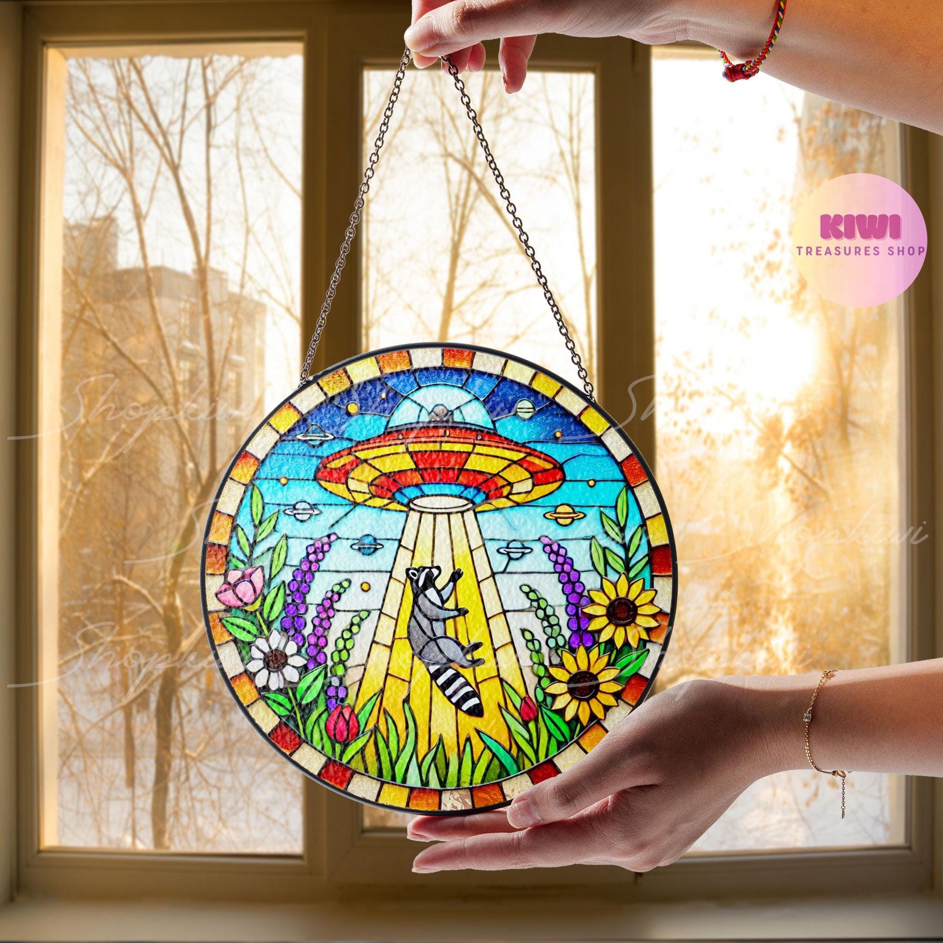 UFO Abduction Raccoon Wildflowers Stained Glass Suncatcher - Funny Gifts for Women, Window Hanging, Indoor Decor, Suncatcher, Raccoon Sign