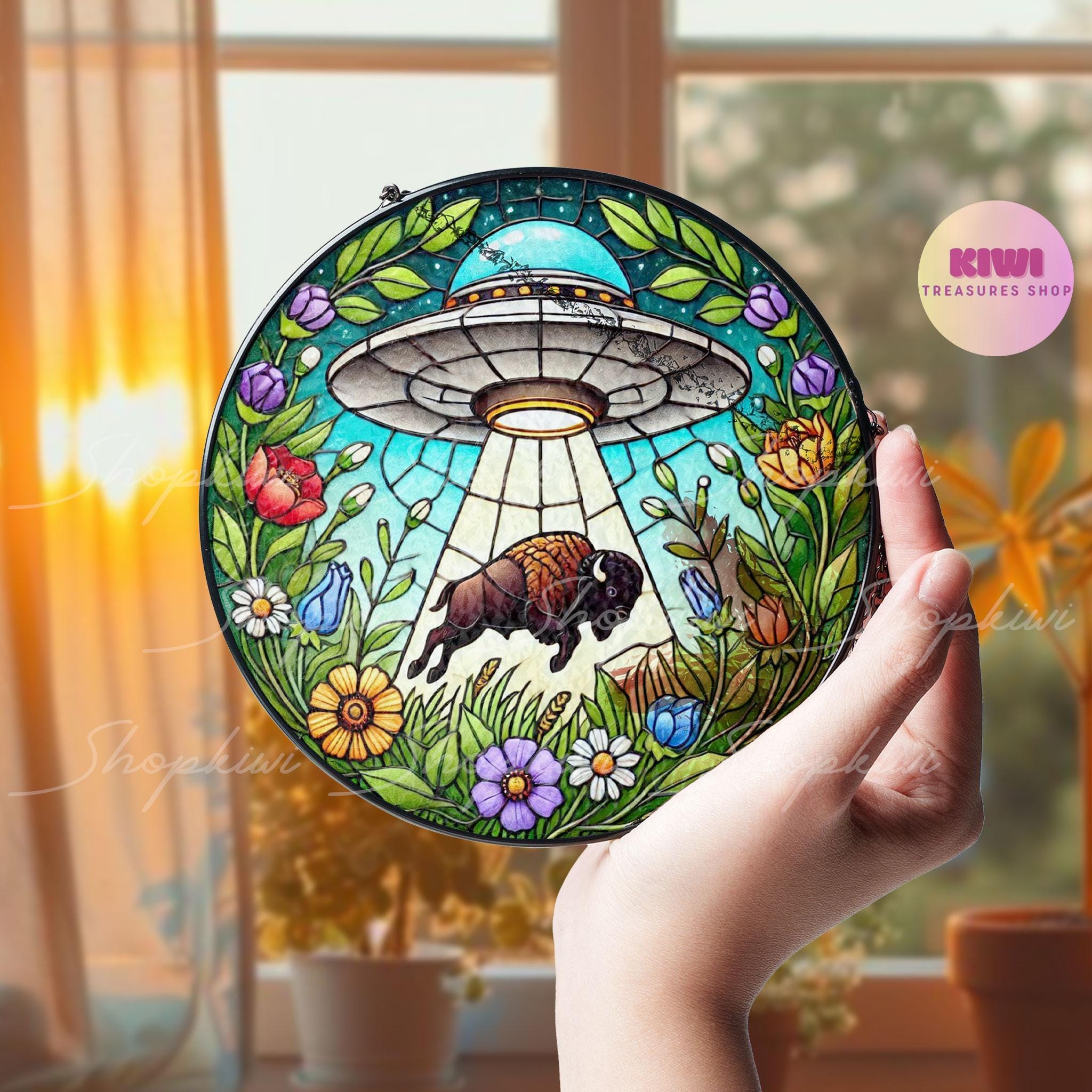 UFO Abduction Bison Wildflowers Stained Glass Suncatcher - Funny Gifts for Women, Window Hanging, Indoor Decor, Suncatcher, Buffalo Bison