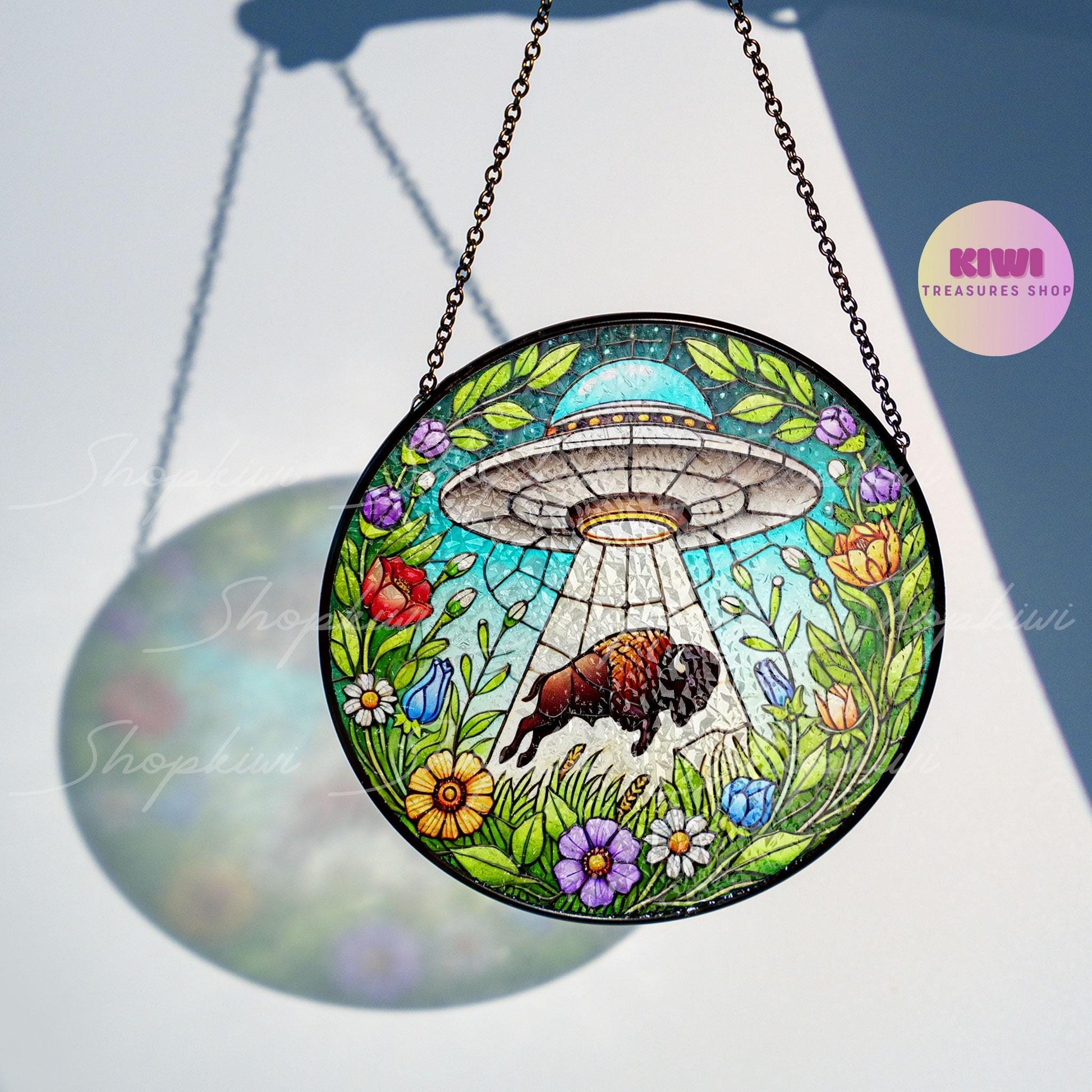 UFO Abduction Bison Wildflowers Stained Glass Suncatcher - Funny Gifts for Women, Window Hanging, Indoor Decor, Suncatcher, Buffalo Bison
