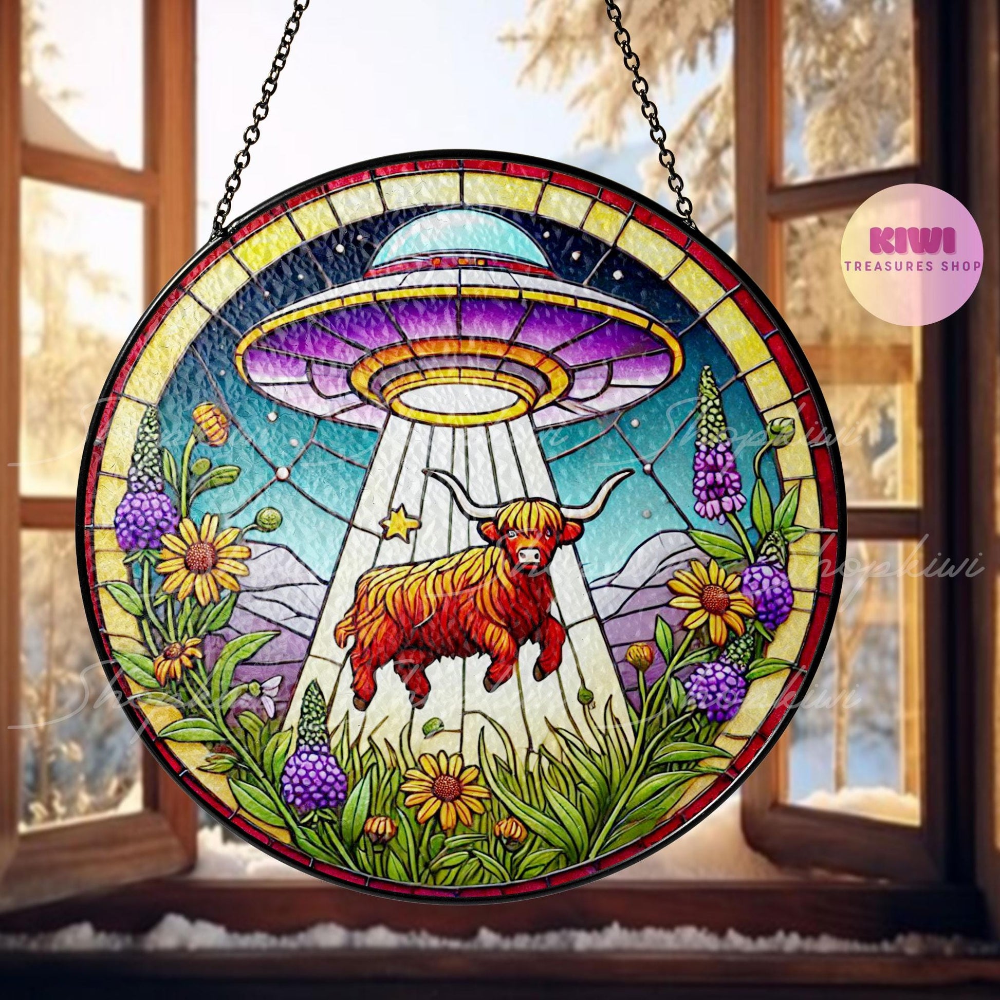 UFO Abduction Highland Cattle Wildflowers Glass Suncatcher - Funny Gifts for Women, Window Hanging, Indoor Decor, Suncatcher, Cow