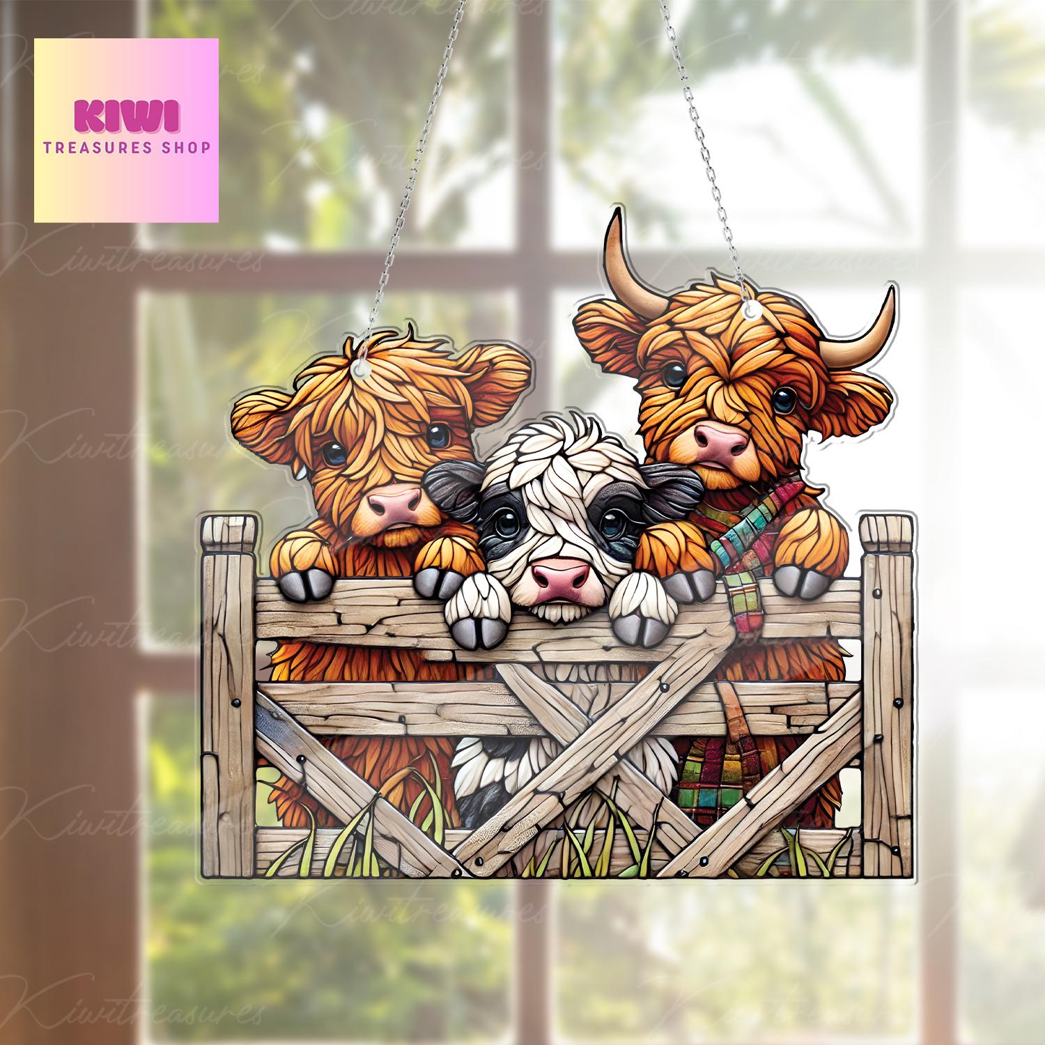 Cute 3 curious highland cows ACRYLIC window hanging, Farmhouse Hanging, Gift for farmer, Housewarming gift,  Not suncatcher