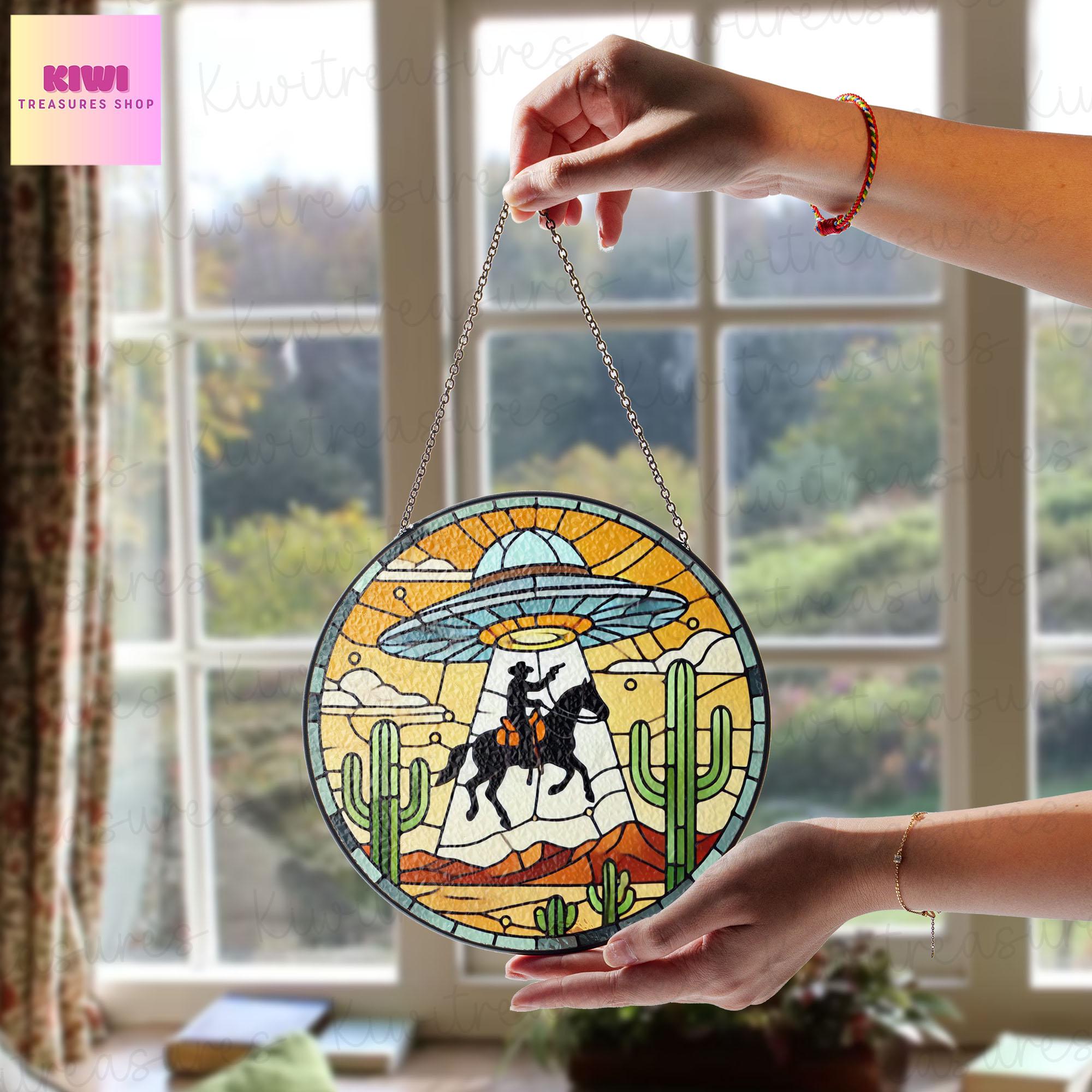 UFO Abduction Cowboy Western Desert Stained Glass Suncatcher, Funny Gifts for Women, Window Hanging, Indoor Decor, Suncatcher, Cowboy