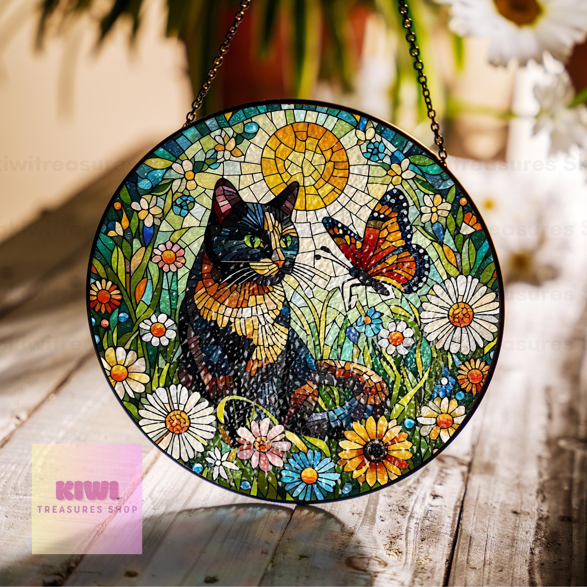 Tortoiseshell cat in flower garden GLASS suncatcher Hanging, tortoiseshell cat glass hanging, Cat mom gift, Mother's day gift
