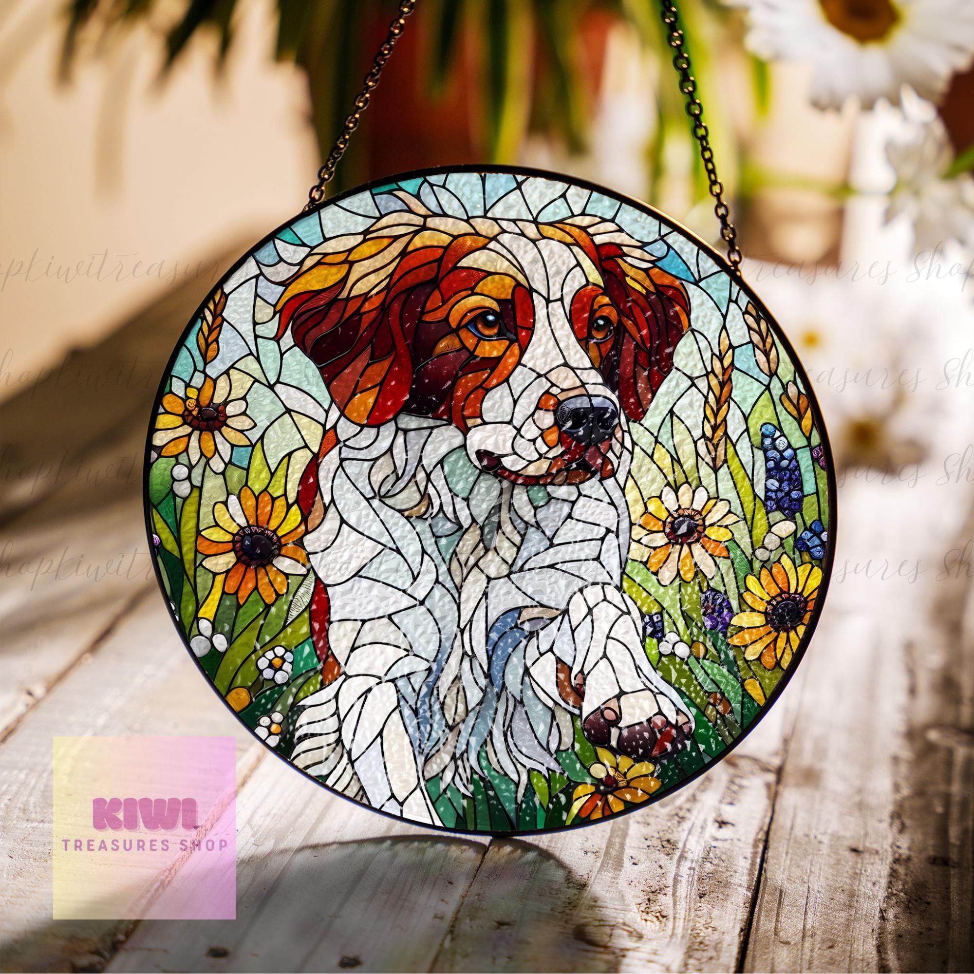 Brittany Spaniel wildflowers GLASS Suncatcher Hanging, Brittany Spaniel  glass, Brittany Spaniel dog suncatcher hanging, dog mom gift