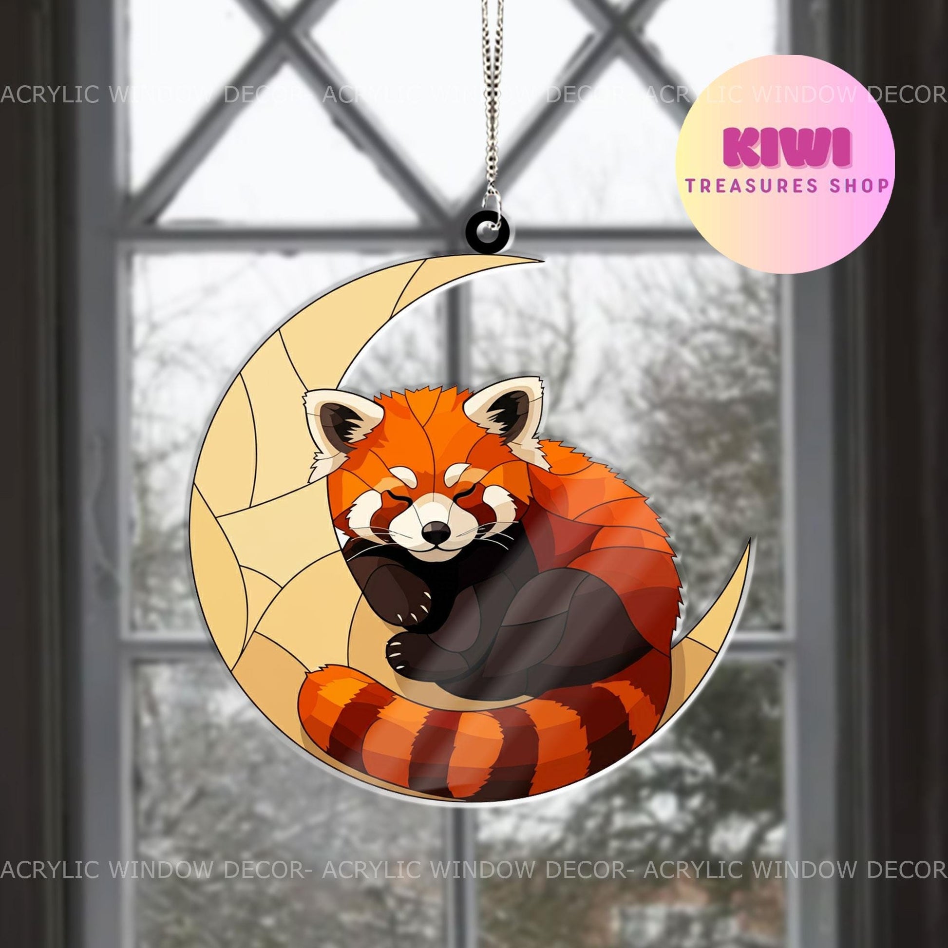 Red Panda Sleeping On Crescent Moon Acrylic Window Hanging, Whimsical Decor for Nurseries, Unique Gift for Red Panda Lovers, for Kids Rooms