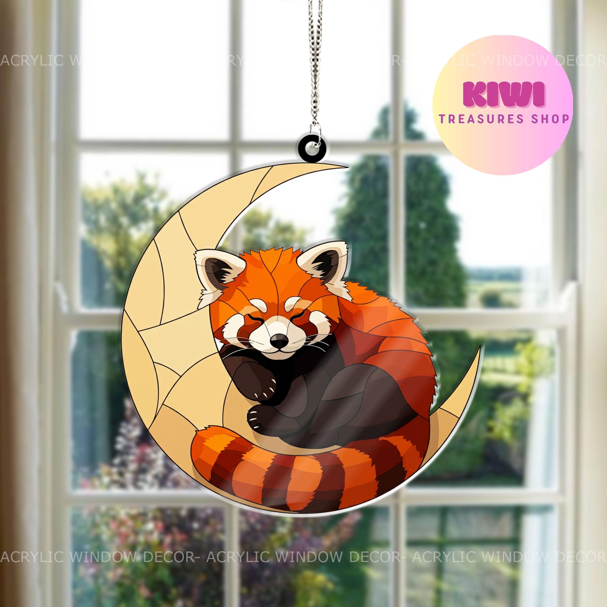 Red Panda Sleeping On Crescent Moon Acrylic Window Hanging, Whimsical Decor for Nurseries, Unique Gift for Red Panda Lovers, for Kids Rooms