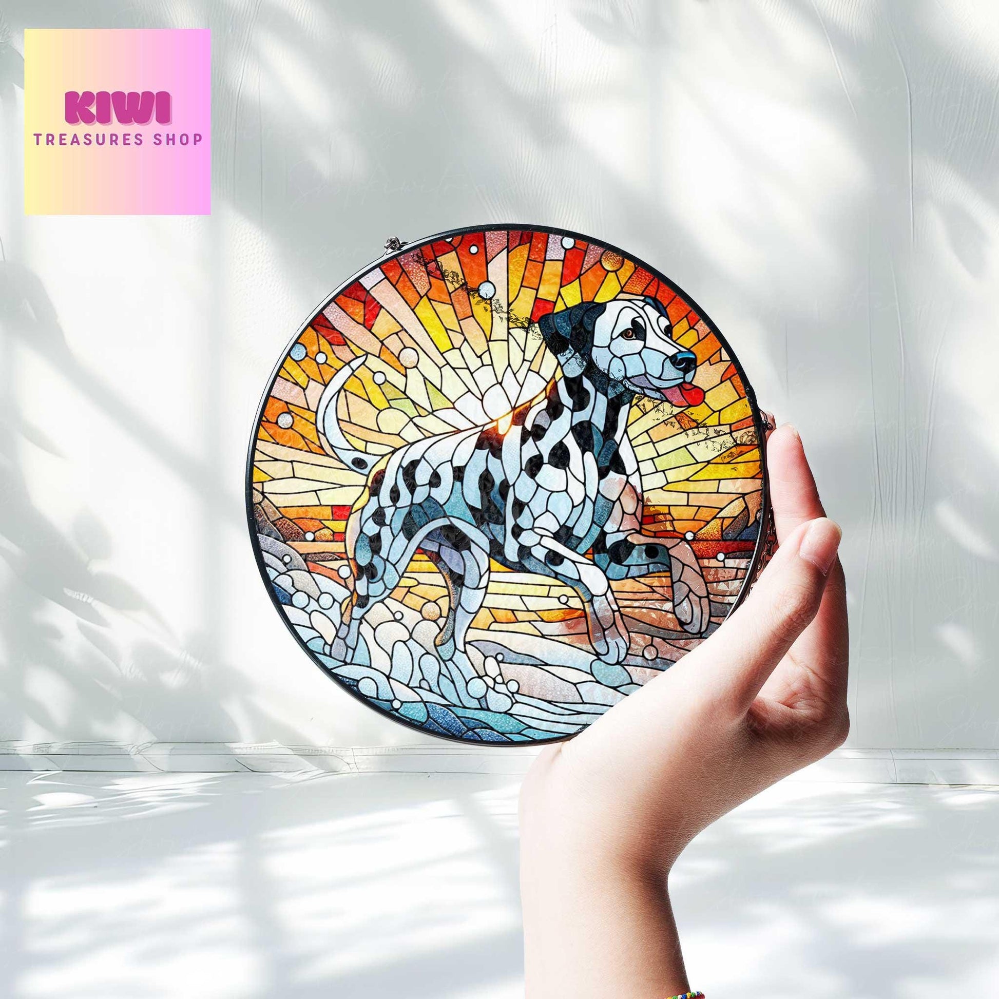 Dalmatian Winter GLASS Suncatcher Hanging, dalmatian Winter art, dalmatian suncatcher hanging, Dog window hanging, dog mom gift