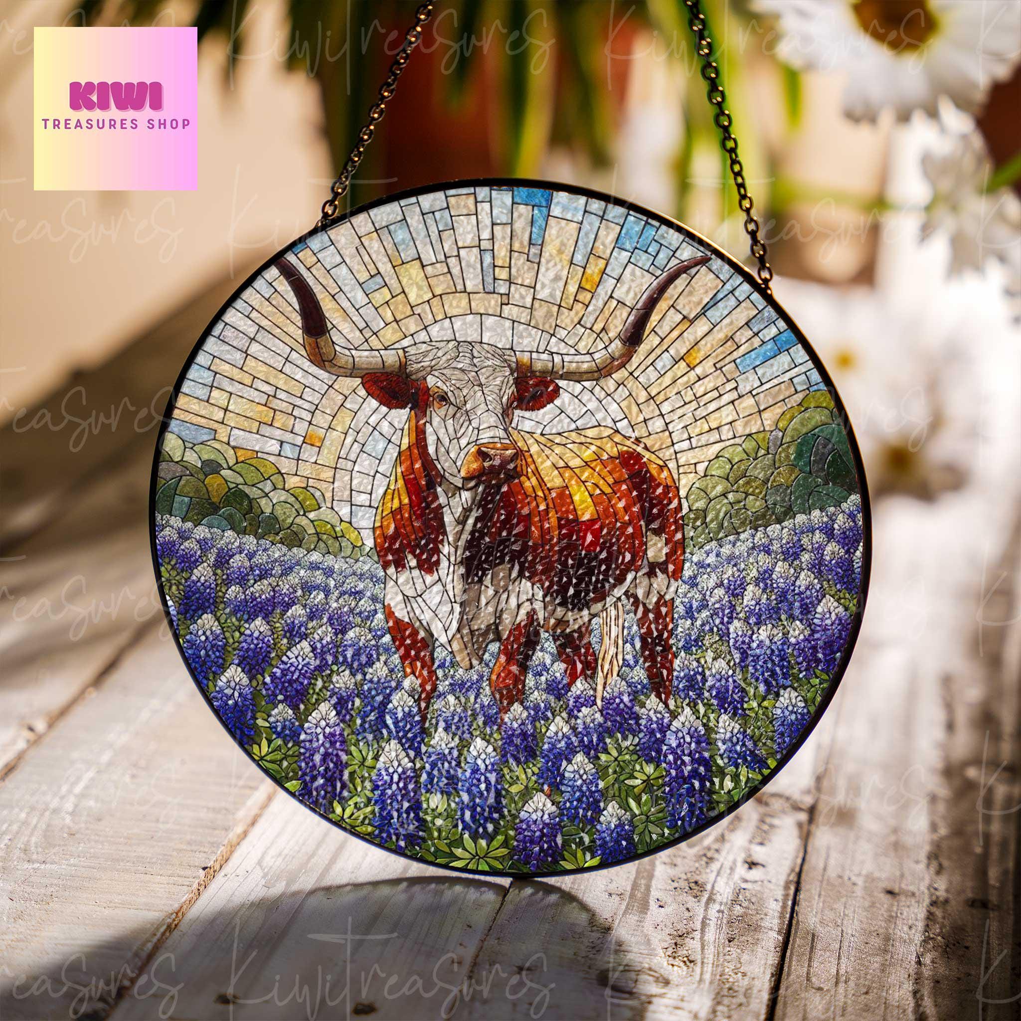 Longhorn and Bluebonnets GLASS Suncatcher Hanging, Texas Bluebonnet Window hanging, Longhorn suncatcher hanging, housewarming gift