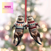 Personalized Christmas otter couple floating FLAT 2D Ornament, otter lover gift, gift for couple, anniversary gift, valentine gift